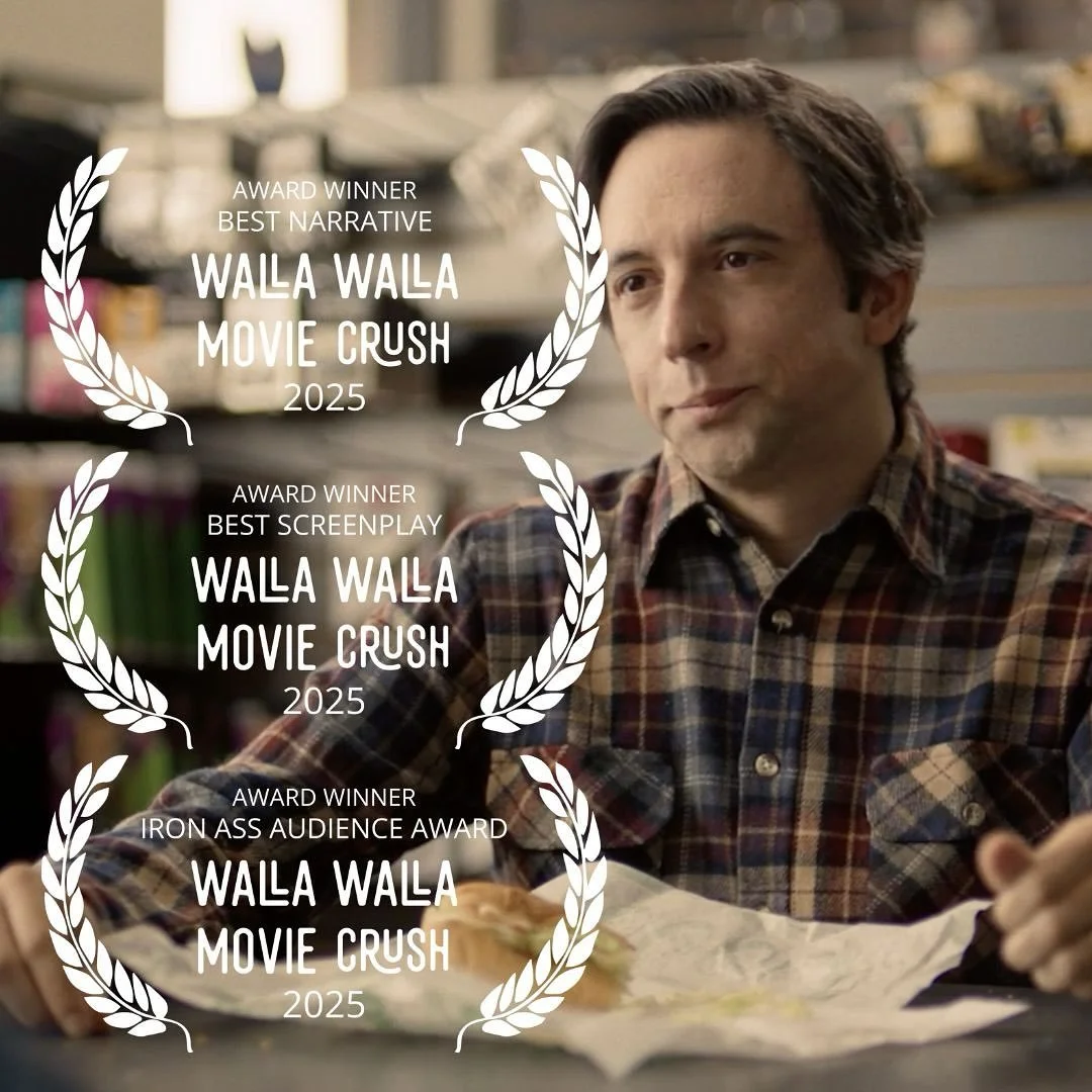 Joe Gilette looks pretty happy in this still from THE MUSIC STORE — which he wrote, directed and stars in — and, no wonder he is because the triple-threat took home three prizes at The Movie Crush last month. His heartfelt narrative about