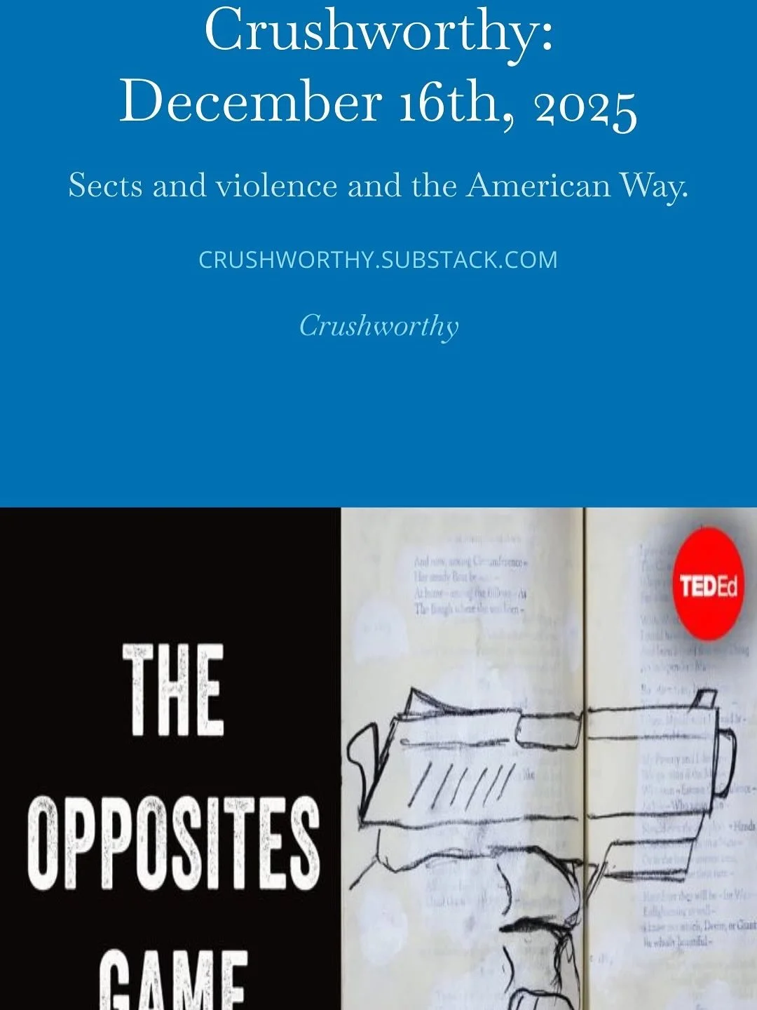 The latest edition of Crushworthy is out &mdash; you&rsquo;ll find it in your inbox if you&rsquo;ve subscribed for free (link in bio). 

A few words on tragedy and our possible responses, plus much GOOD news from and for our CrushFam. 

Eager to hear