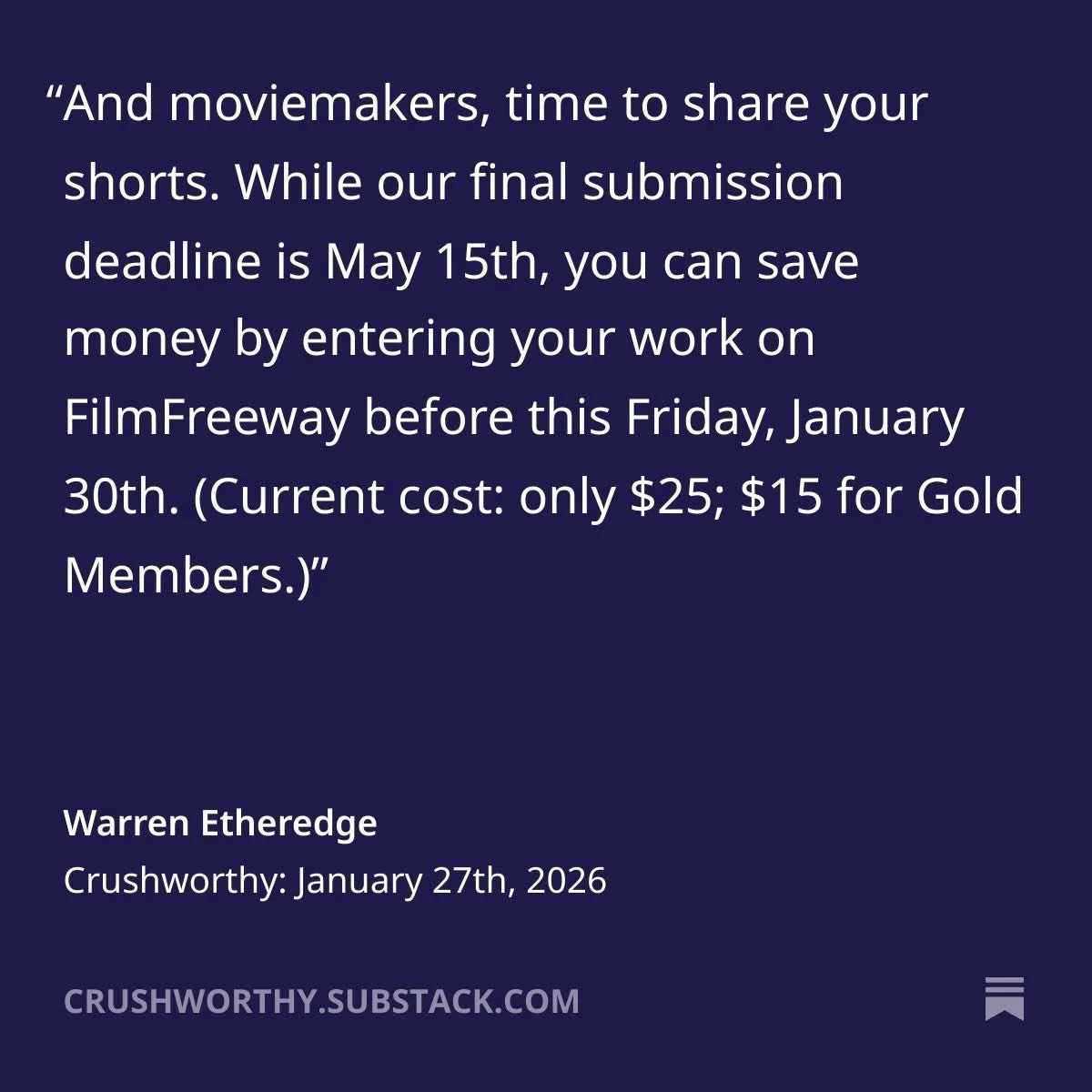 Now&rsquo;s as good a time as any to submit your shorts for consideration for the 10th annual Walla Walla Movie Crush, recently named one of the 25 Coolest Festivals in the World by Moviemaker Magazine! Find us on @filmfreeway 

#25coolestfilmfestiva