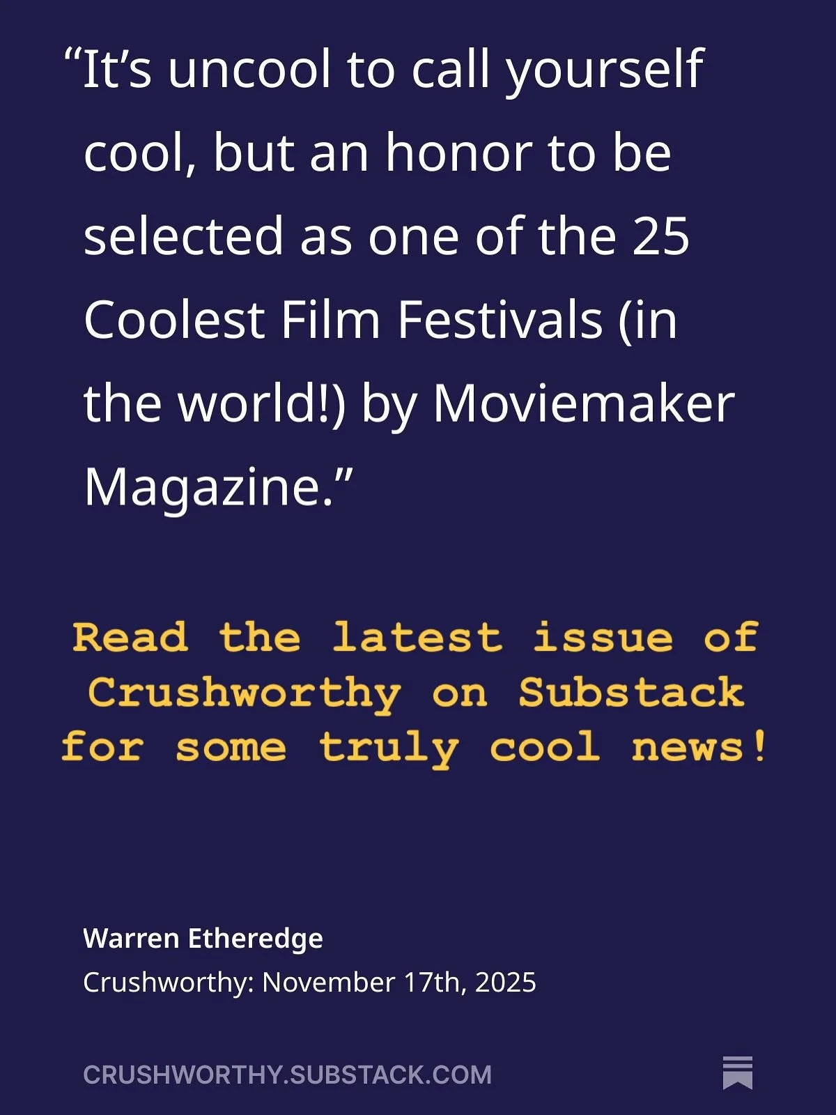 A special screening, a great honor and plenty of #crushfam4eva❤️ news in the latest edition of #Crushworthy on @substack. Please subscribe today. Crushworthy.substack.com (link in bio)

Thank you @moviemakermag. Thank you @raythedestroyer 

Check for