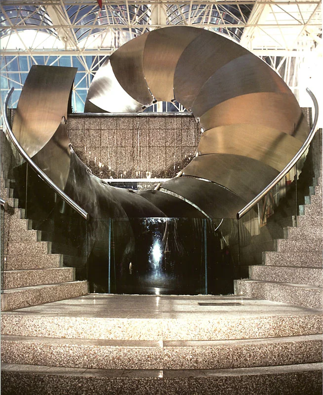 1987 (destroyed 1995), Finance Plaza, Albert and Queen Streets, Auckland, Marine stainless steel sheet metal, fountain. 6.5 x 5.7 x 4m