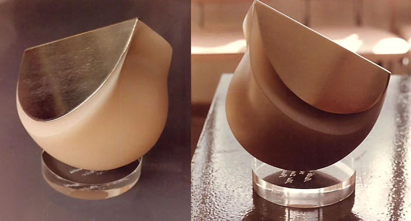 1985, NZ Peace Foundation, Media Peace Prize,  Cast polyester resin alabaster, zinc plated mild steel, plexiglass, 160 x 160 x 190mm