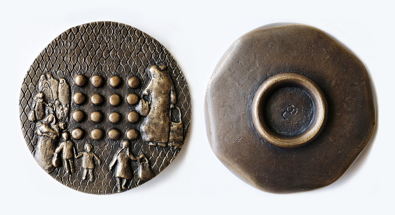 Besieged Mothers, 2018, Cast bronze, 20 x 14 x 140mm, two sided, FIDEM Canada. Artis gallery, Auckland.