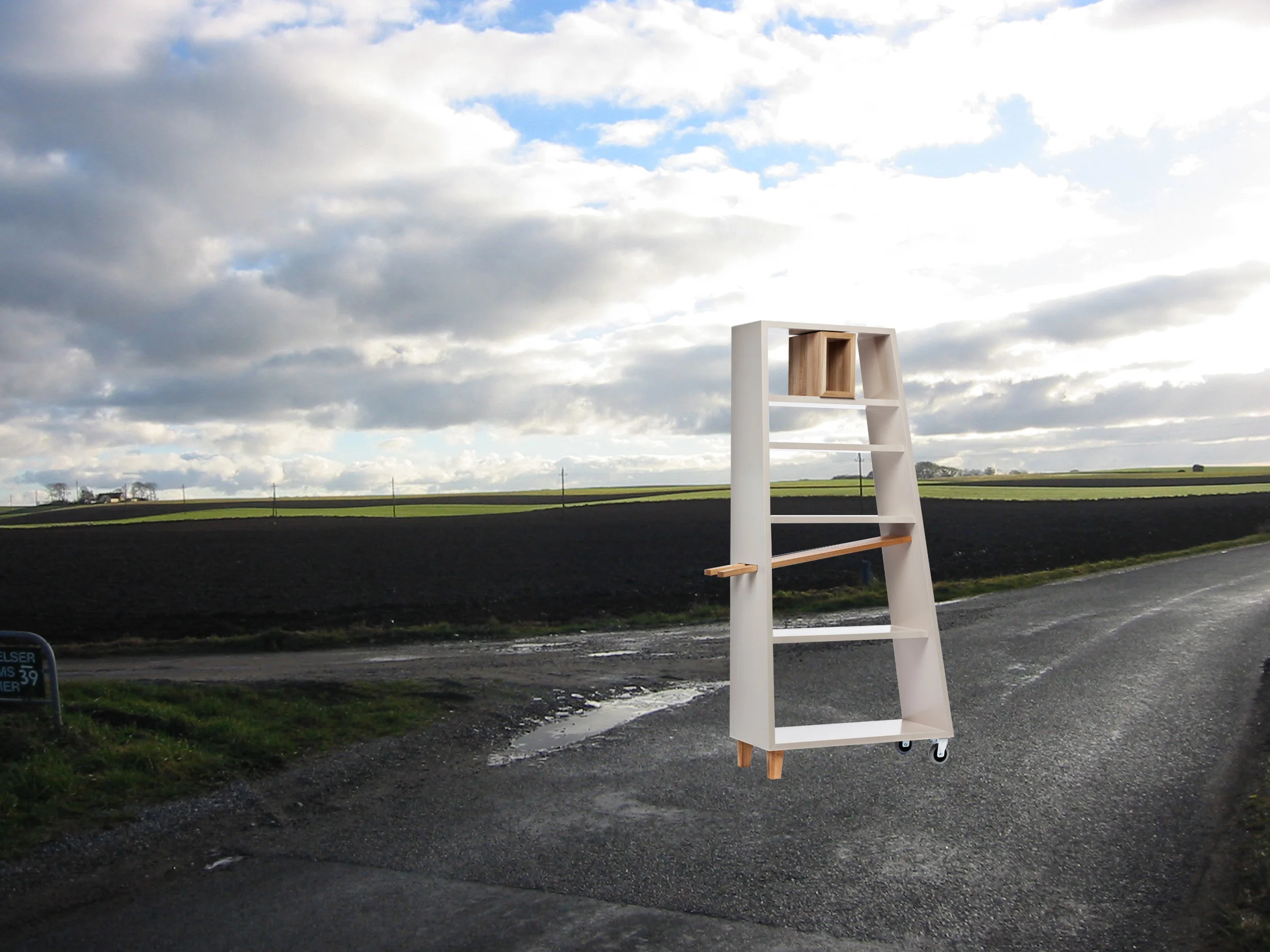 CARRIOLA – en flytbar reol. Fotomontage af Rune Pedersen, Zone V. Se produktspecifikationerne .