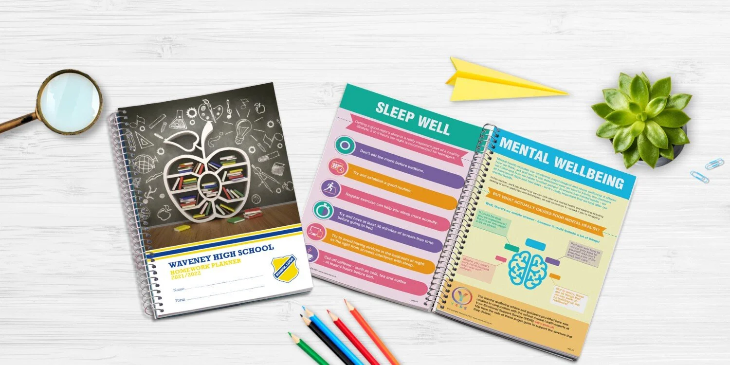a homework planner for a uk school with a health and wellbeing guide.