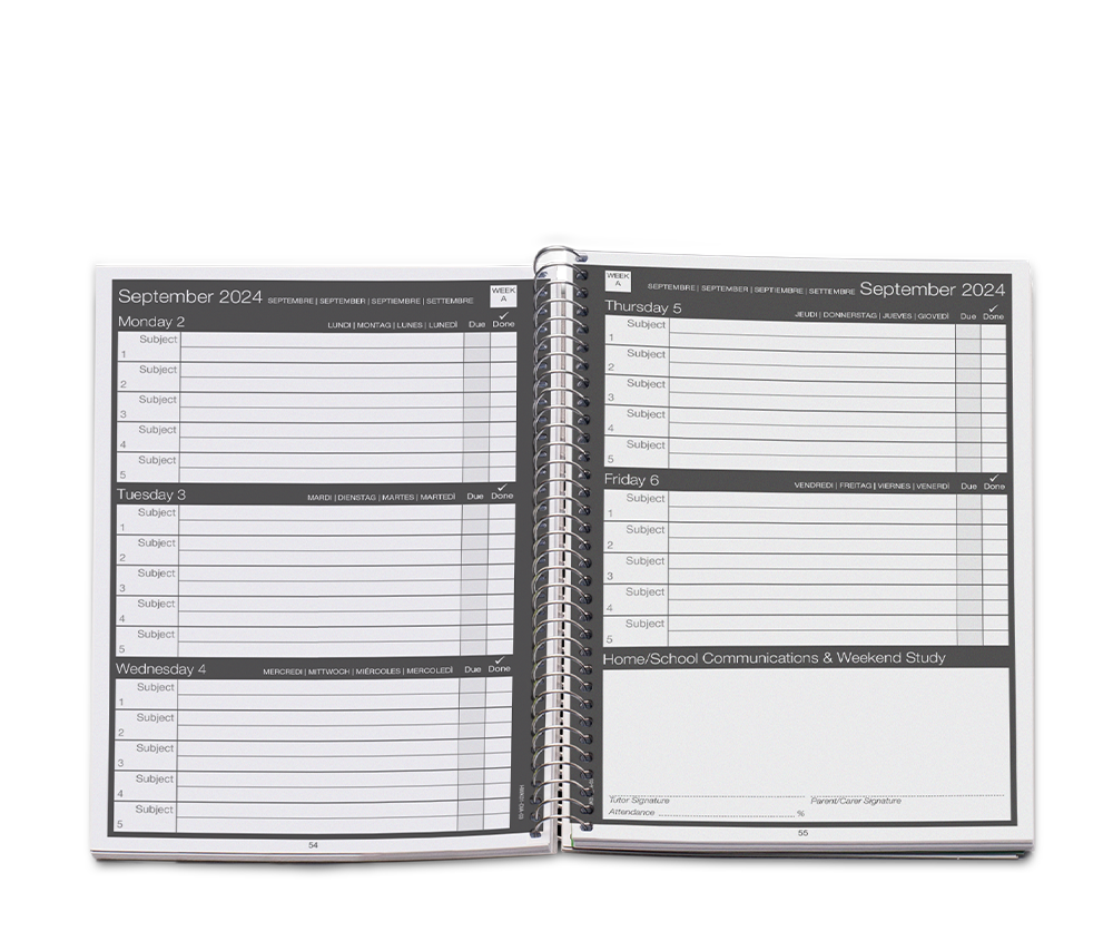 an example of a uk secondary school homework planner page layout