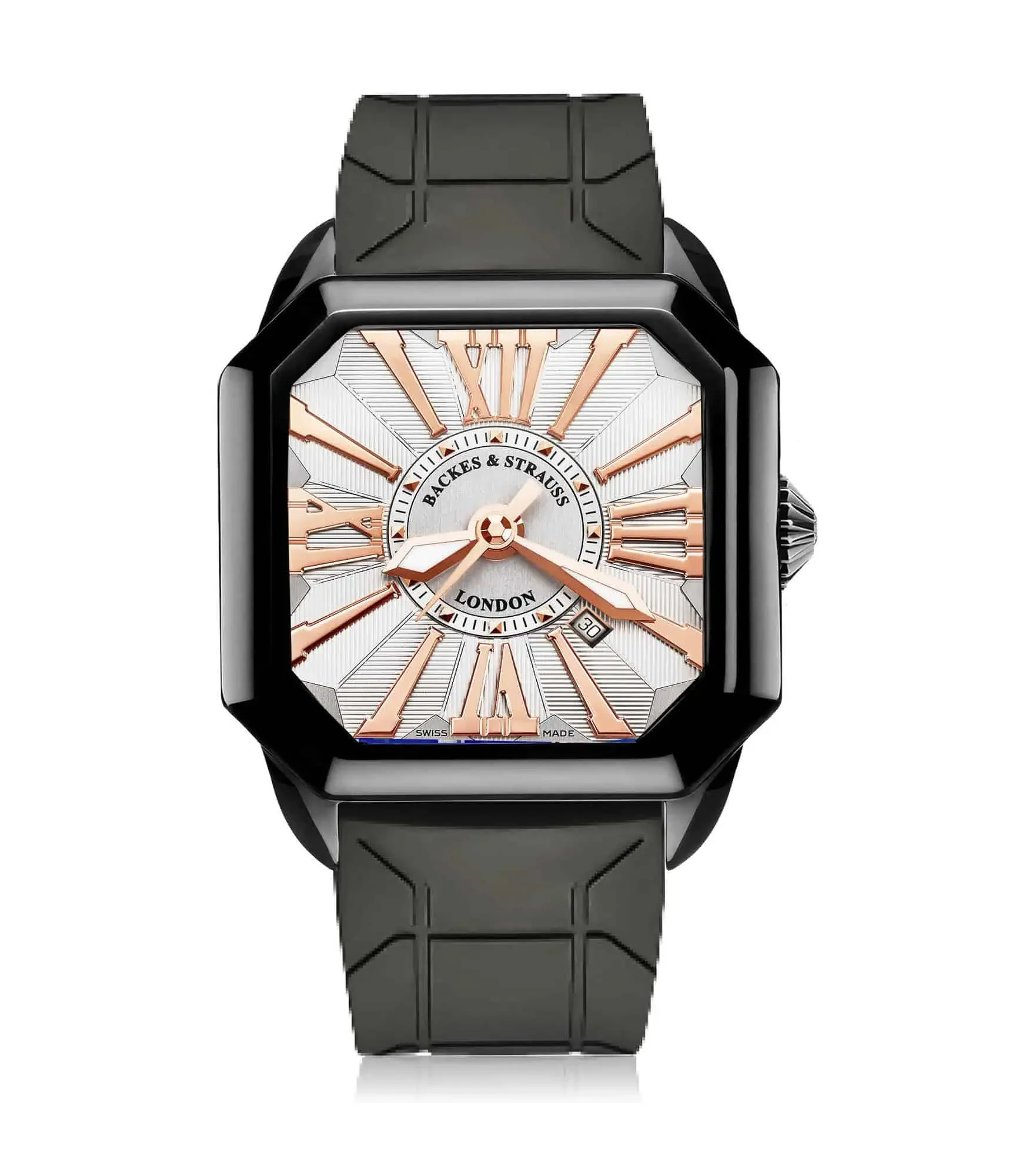 Berkeley Swiss made automatic watch with square black PVD case and rose Roman numerals.webp