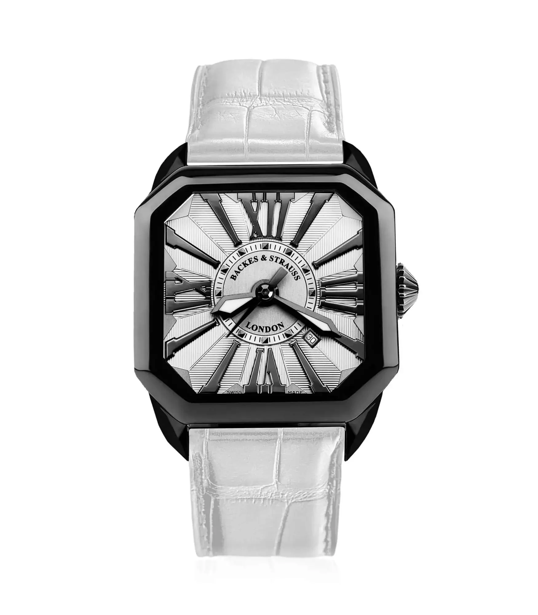 Elegant Berkeley men’s watch with white dial, hand-polished Roman numerals, and black PVD case.webp