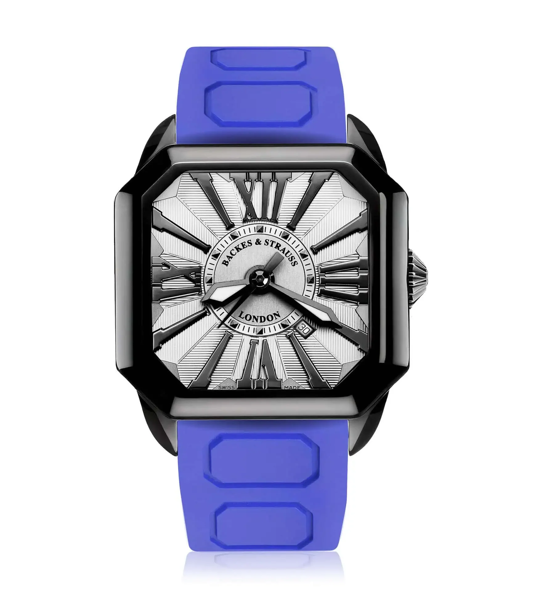 Berkeley men’s automatic watch with black PVD steel case, white dial, and dark blue rubber strap.webp