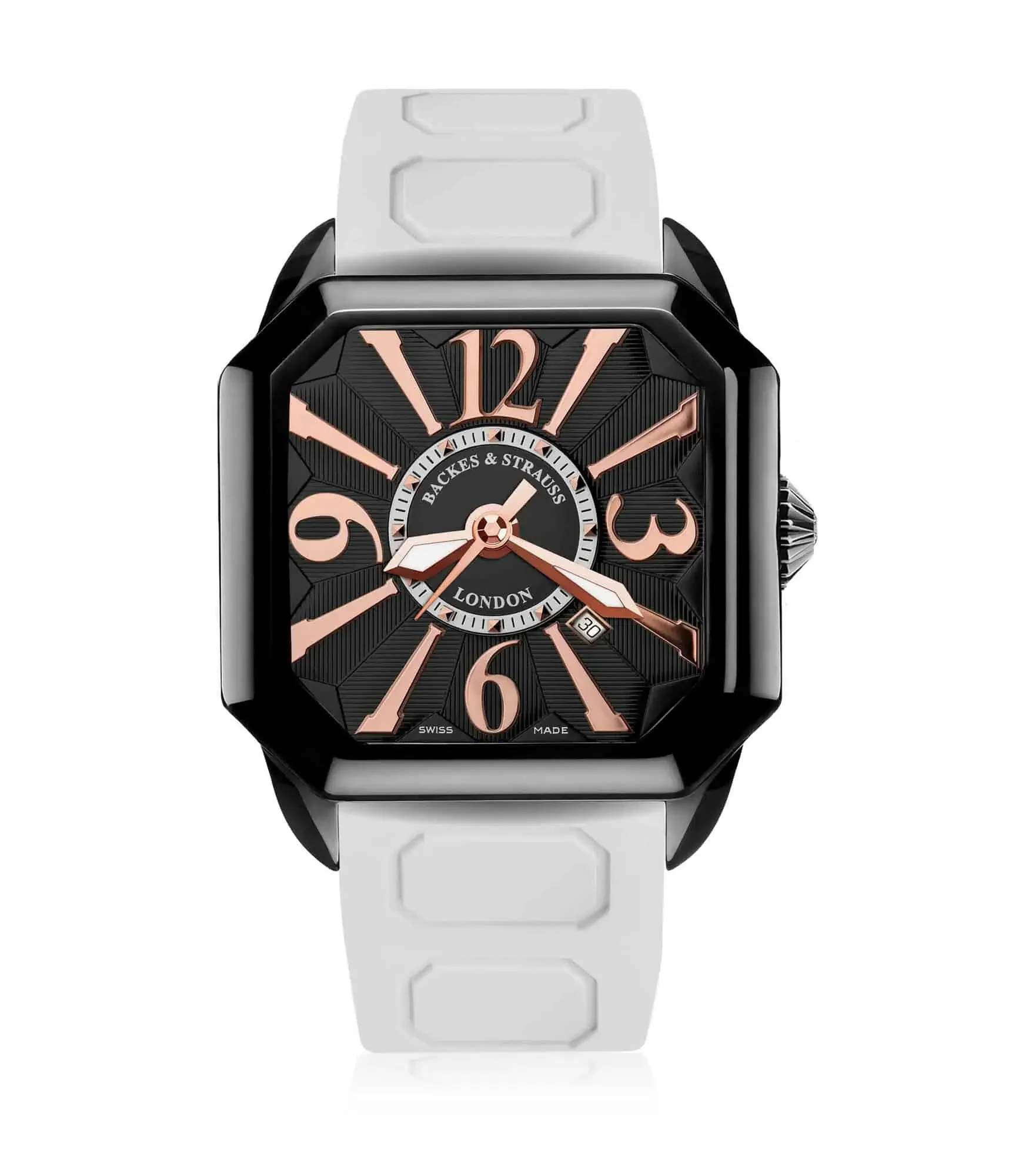 Berkeley everyday luxury watch for men with black PVD case and classy whie rubber strap.webp