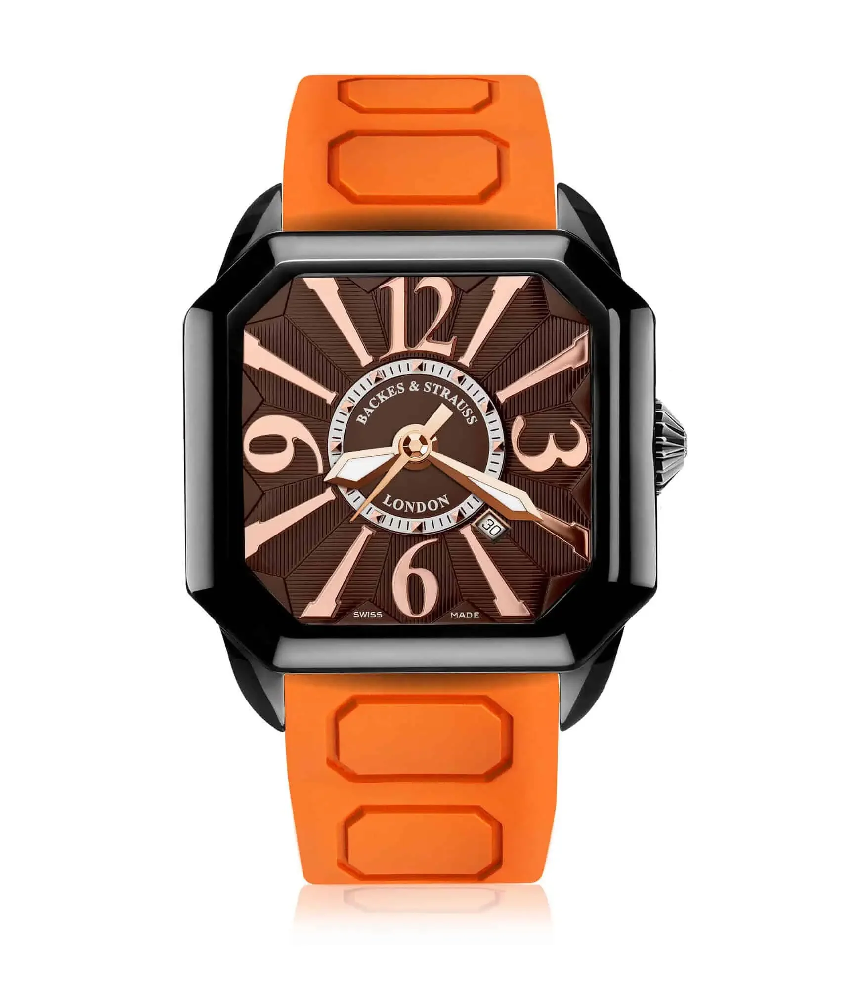 Elegant Berkeley men’s watch with brown dial, polished Arabic numerals, and sporty orange strap.webp
