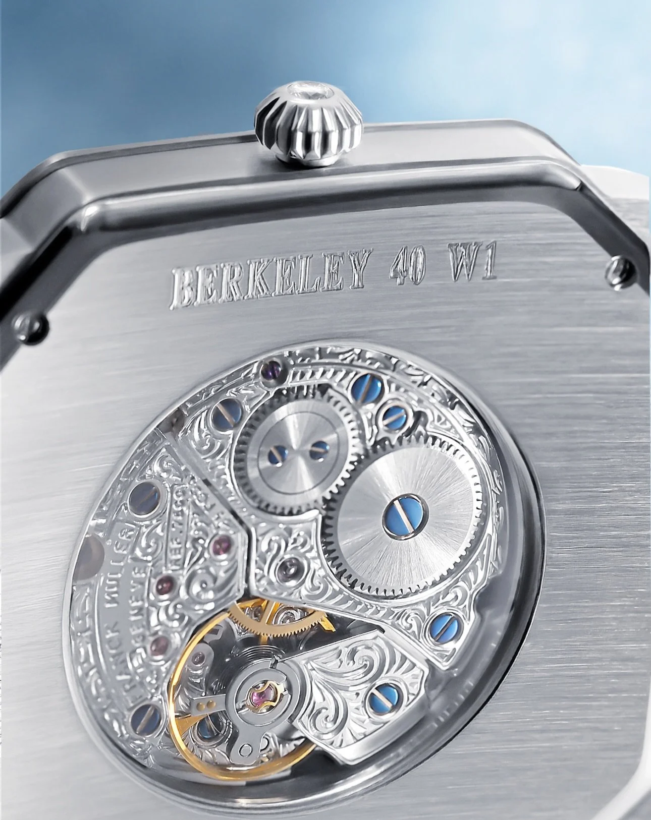 The open case back of the Berkeley W1 reveals a hand-wound, fineley decorated movement built to be appreciated.