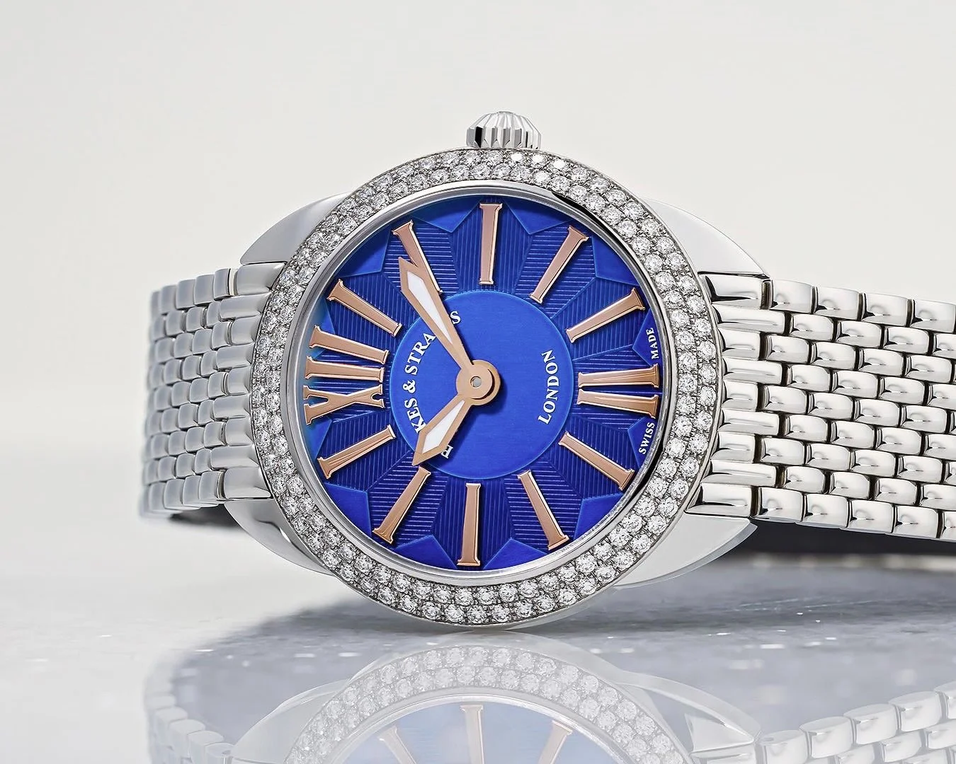 The Piccadilly Mayfair 33 featuring two rows of ideal cut diamonds. A timeless timepieces that brings a touch of festive brilliance to the season.