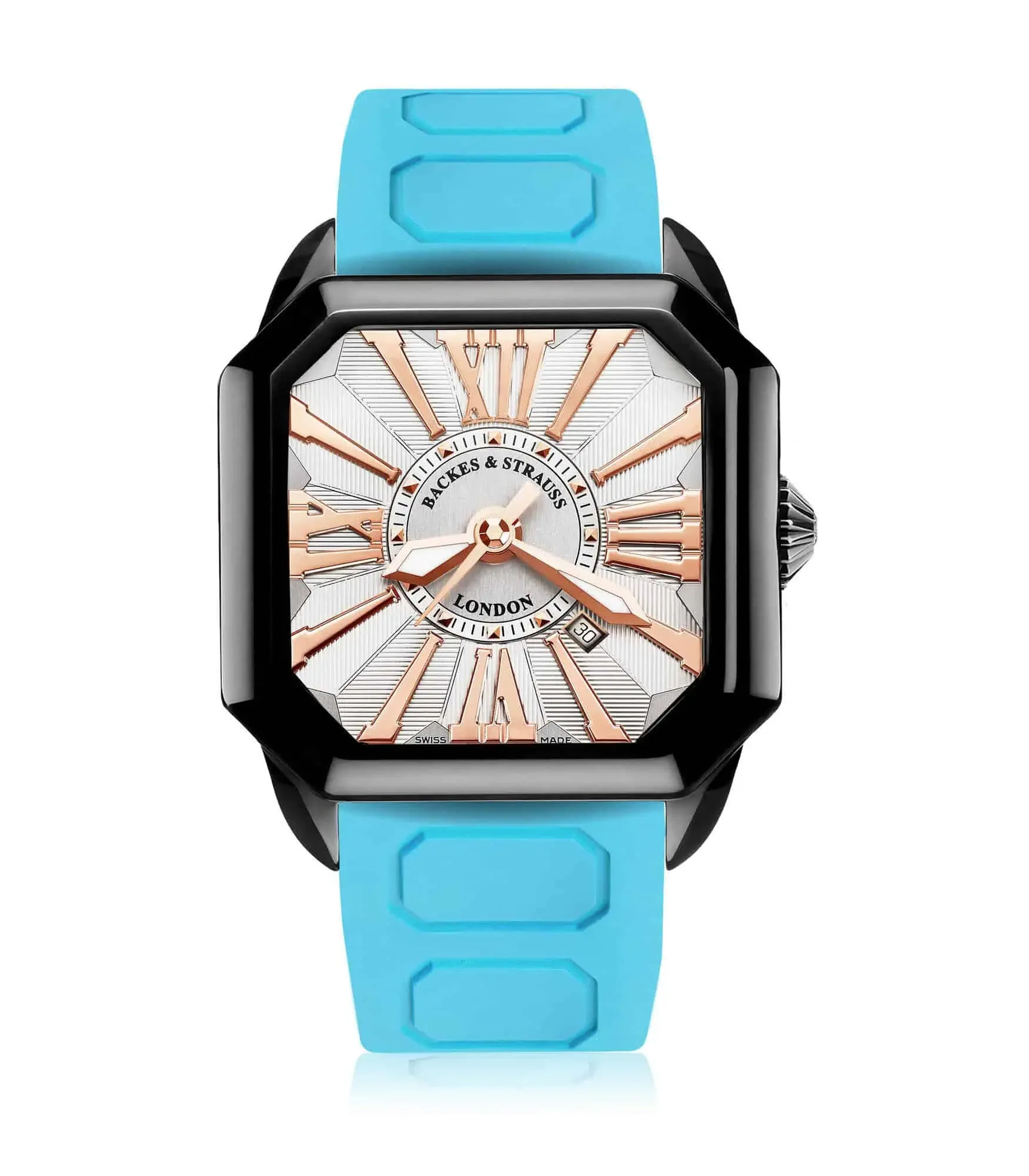 Square Berkeley 43mm luxury watch with Swiss movement, diamond-set crown, sporty bright blue strap.webp
