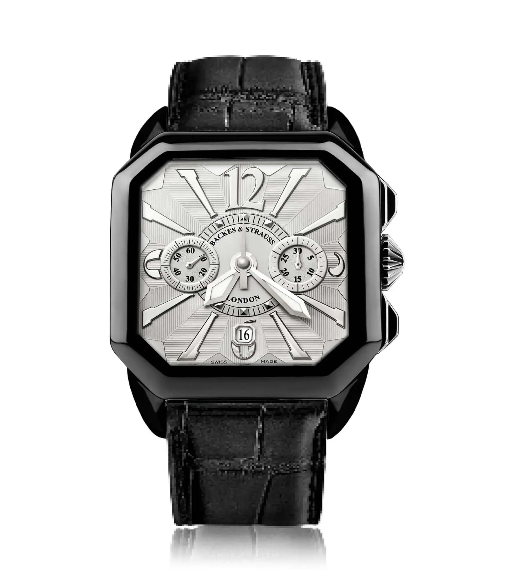 Berkeley diamond dress chronograph with black PVD steel case and refined white dial.webp