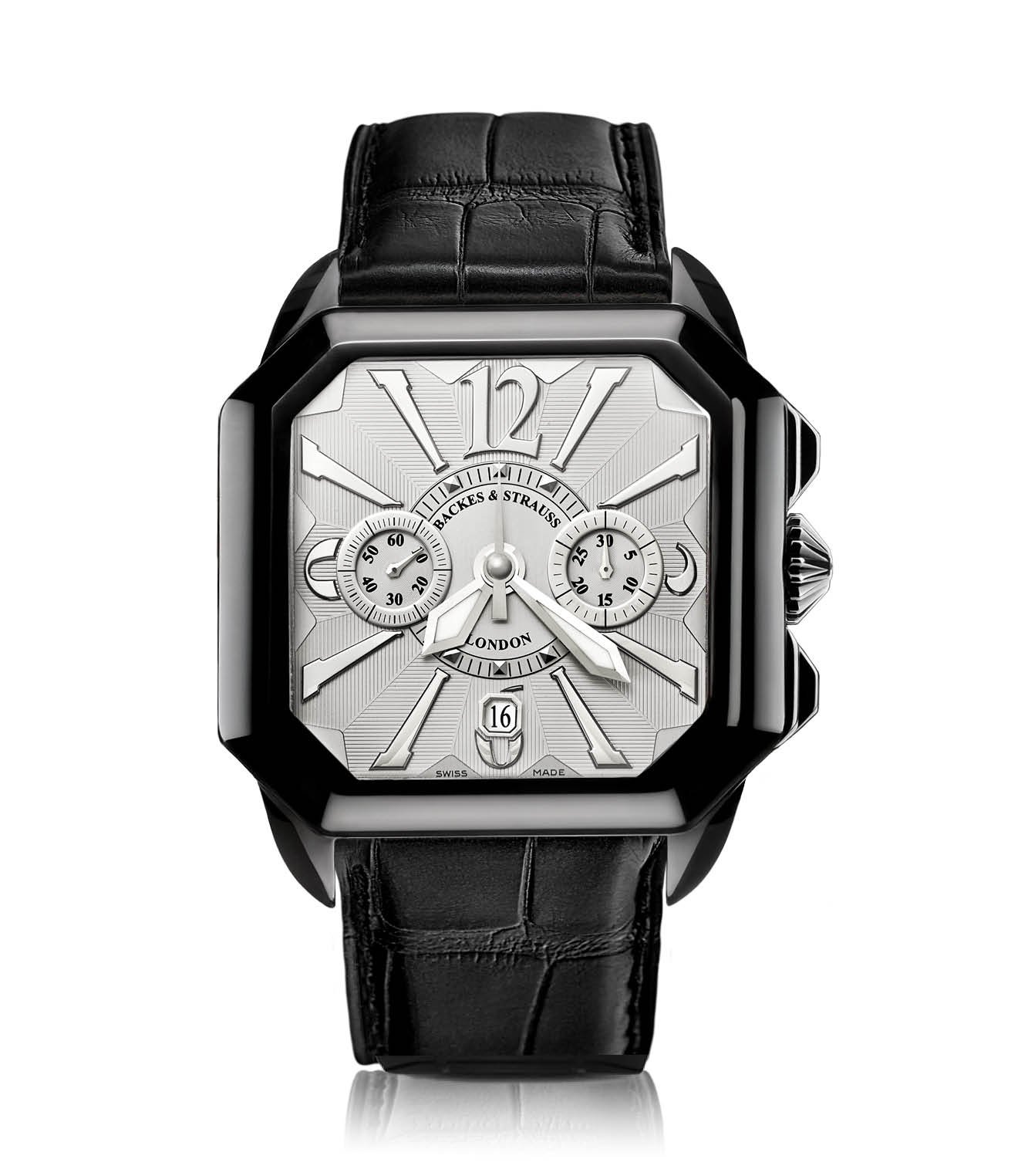 Berkeley square men’s chronograph with black PVD finish, leather strap, and white dial.jpg