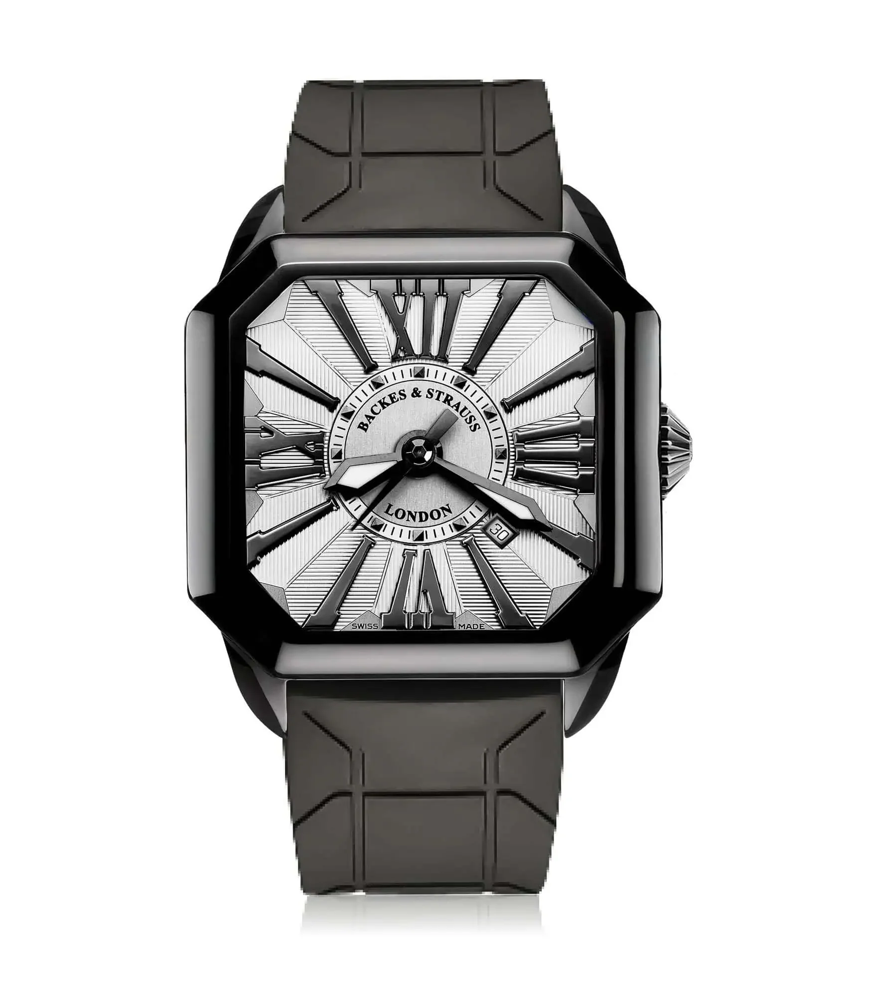 Berkeley 43mm automatic watch for men with black PVD case, black numerals, and black rubber strap.webp