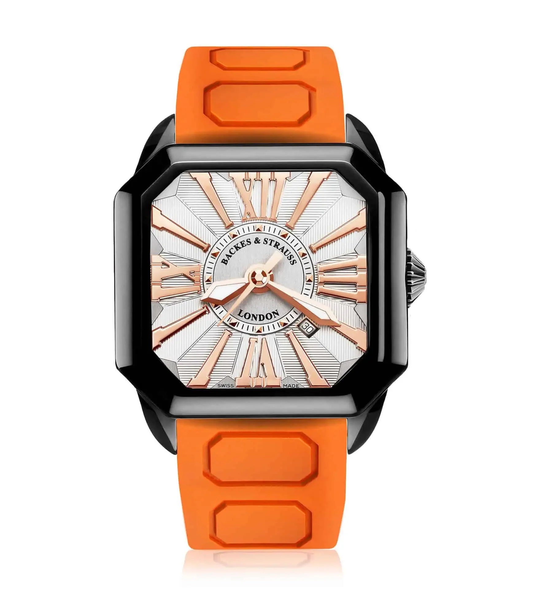 Berkeley everyday luxury watch for men with black PVD case and vibrant orange rubber strap.webp