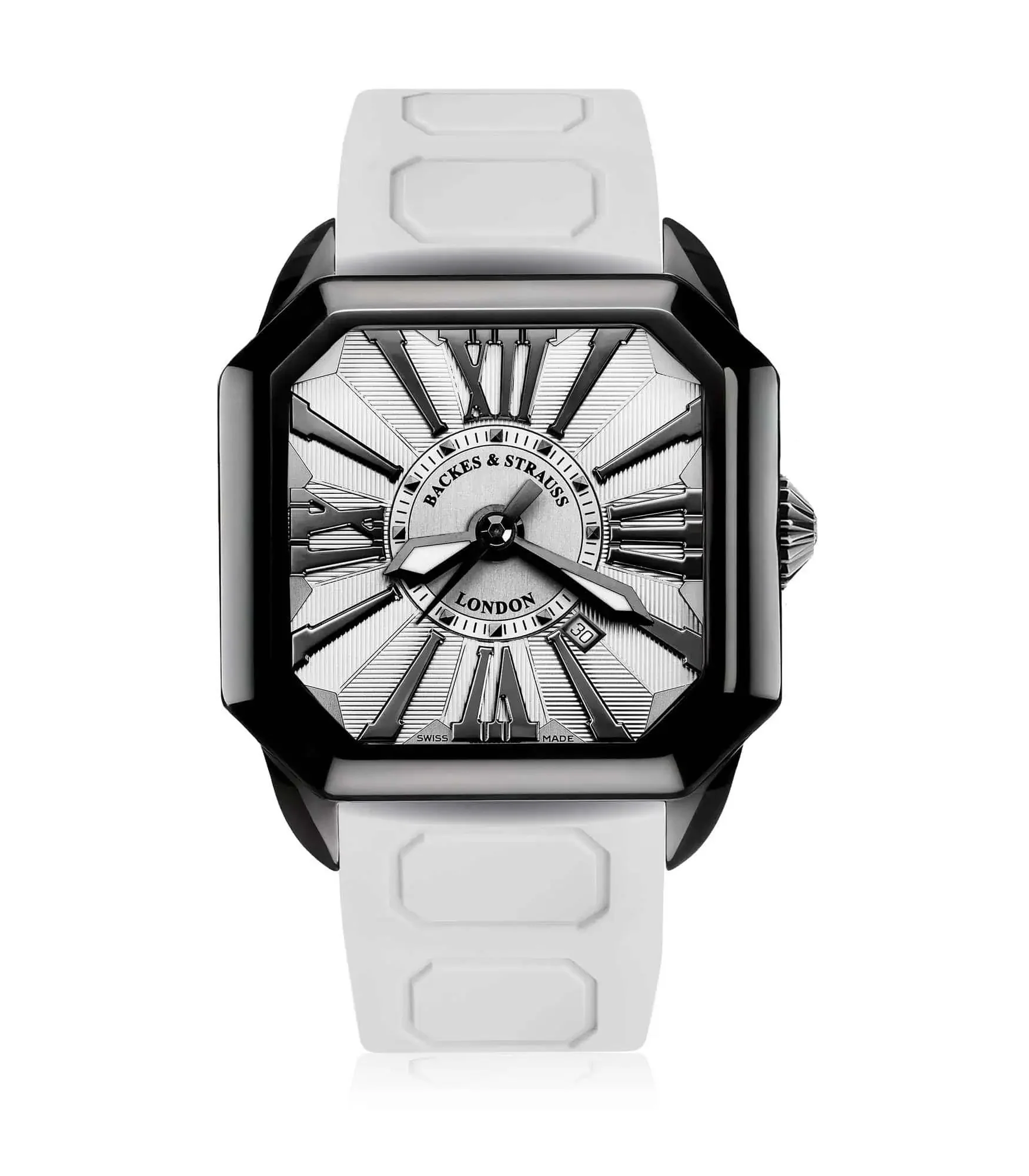 Berkeley Swiss made automatic watch with square black PVD case and black Roman numerals.webp