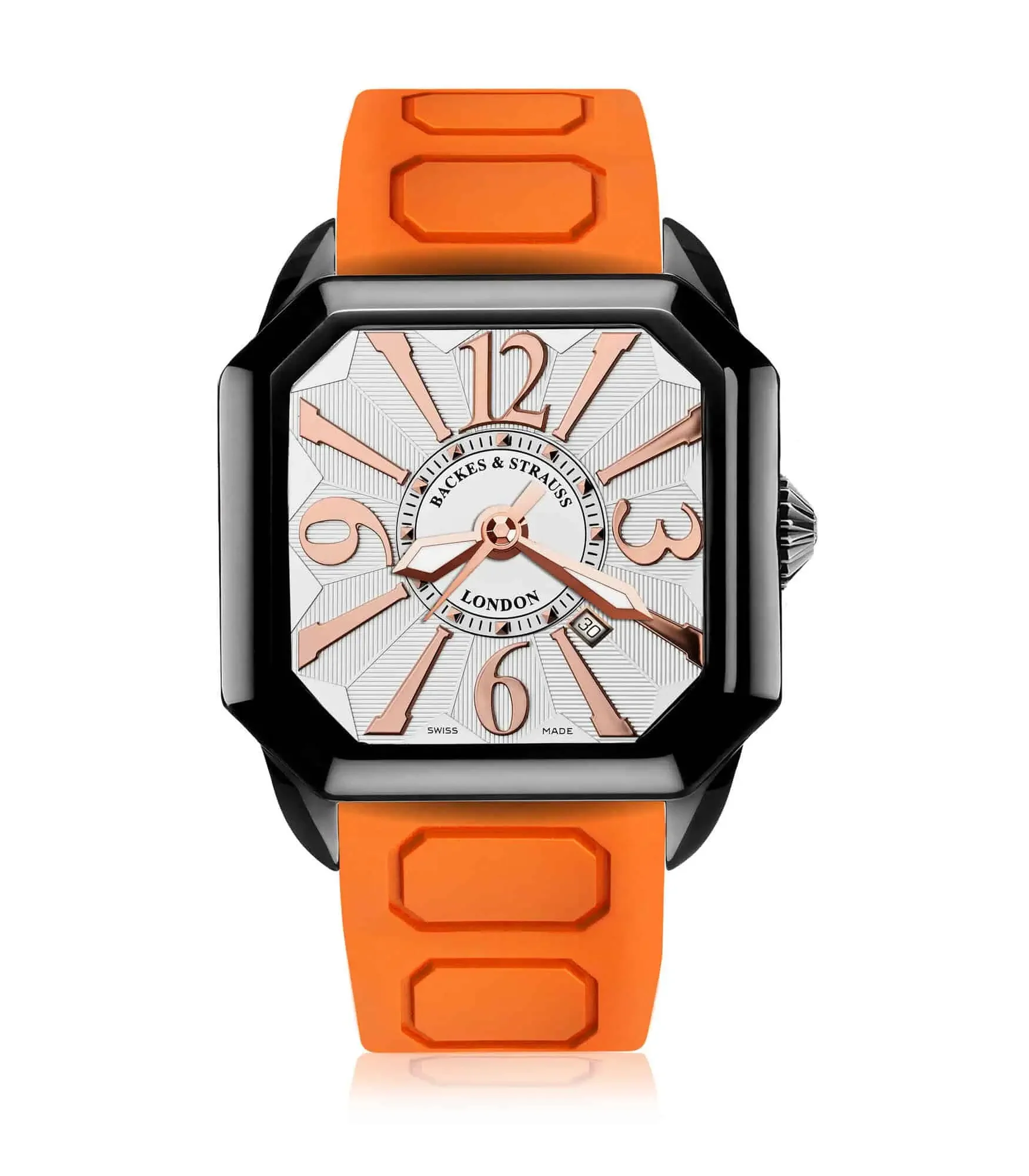 Berkeley 43mm automatic watch for men with black PVD steel case,white dial, and orange rubber strap.webp
