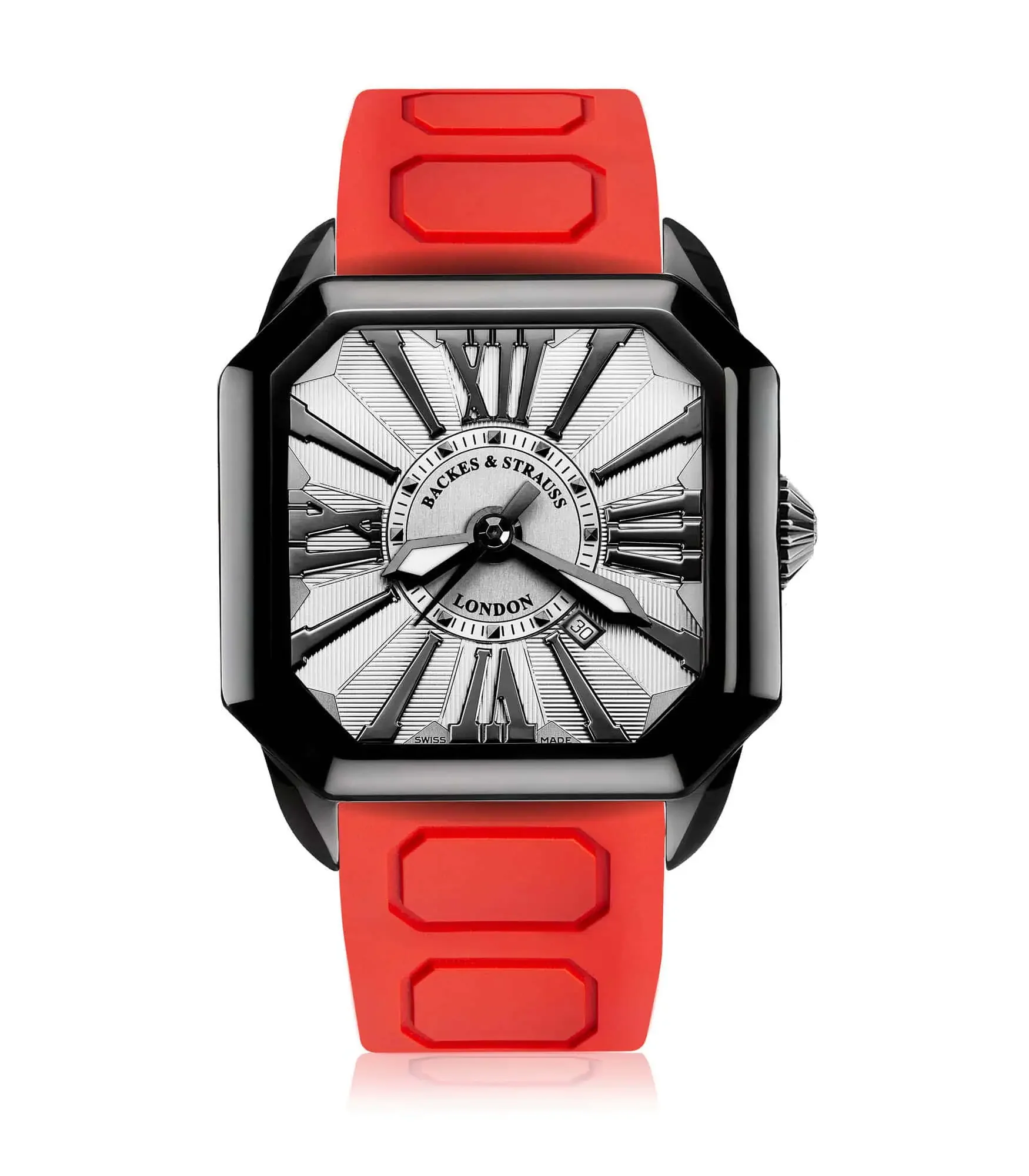 Berkeley men’s automatic watch with black PVD steel case, white dial, and bold red rubber strap.webp