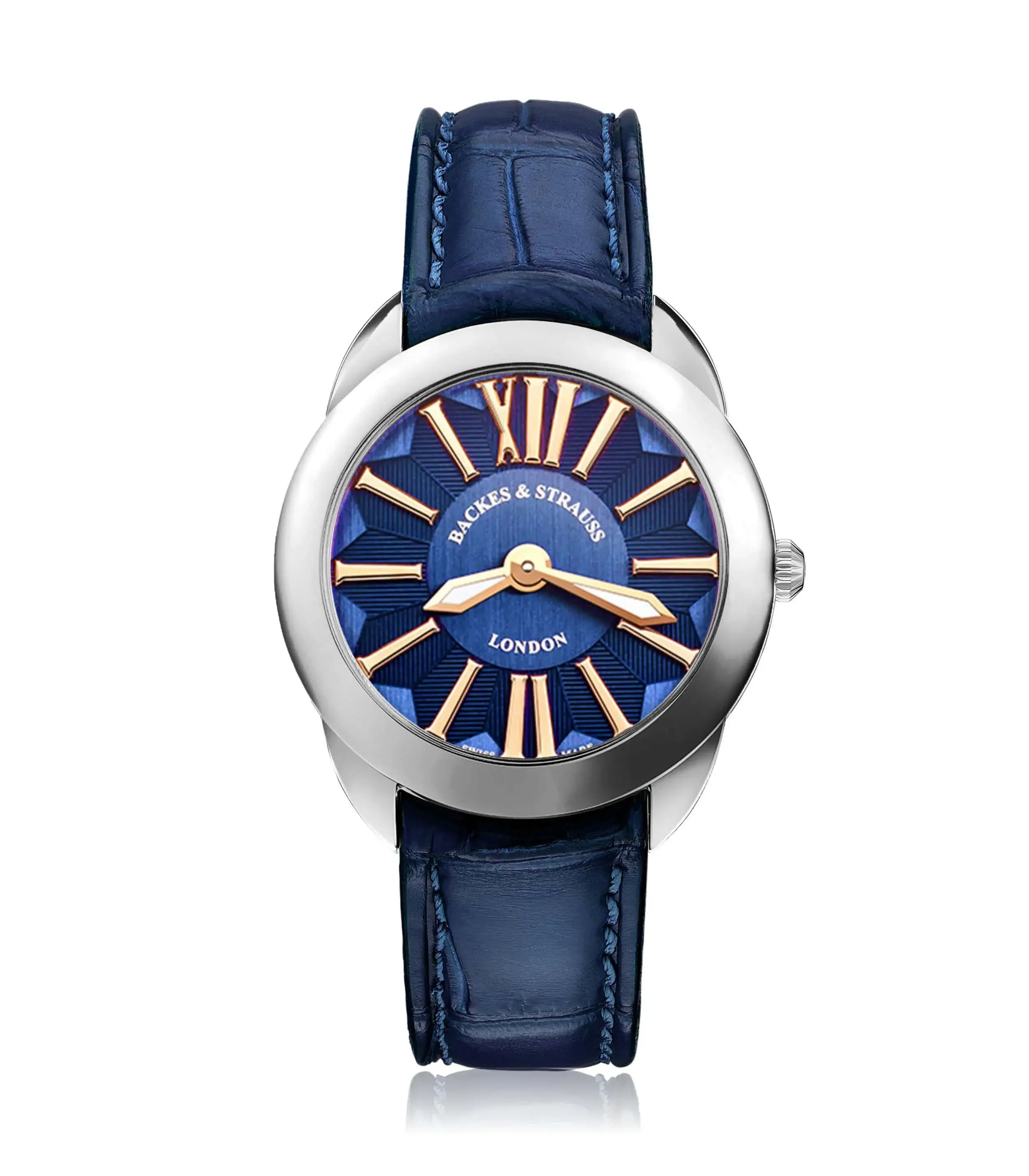 Everyday Swiss watch featuring a 33mm steel case, signature blue dial.webp