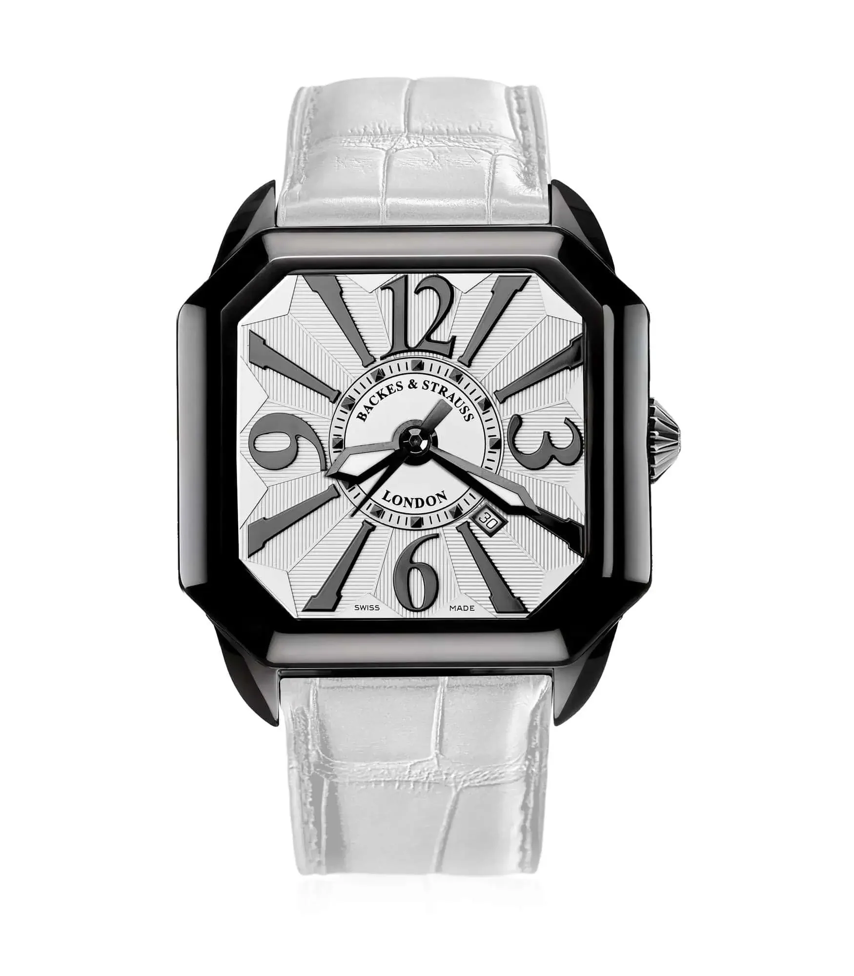 Elegant Berkeley men’s watch with white dial, hand-polished black numerals, and black PVD case.webp