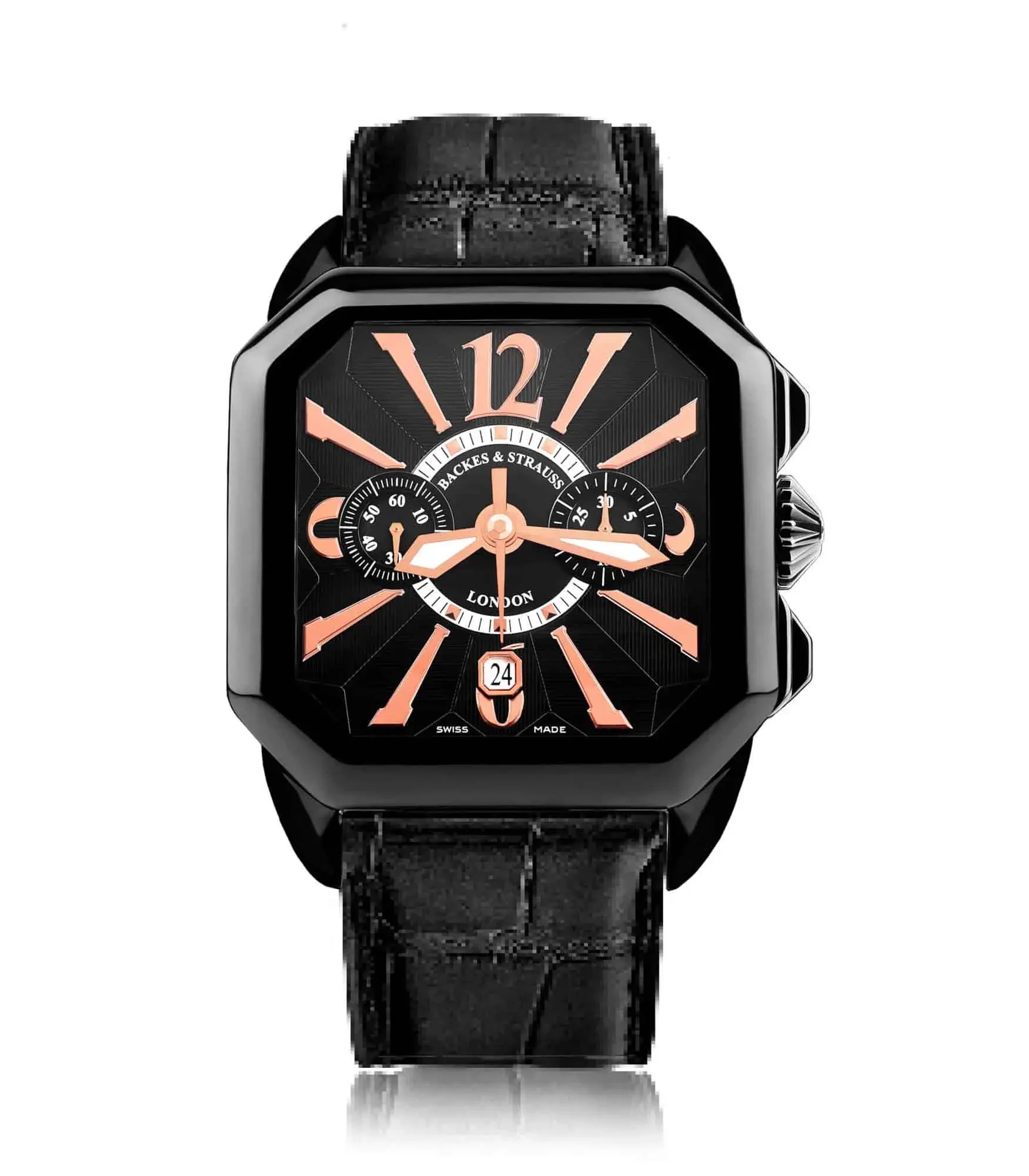 Berkeley Swiss made chronograph watch with square black PVD case and black dial.webp