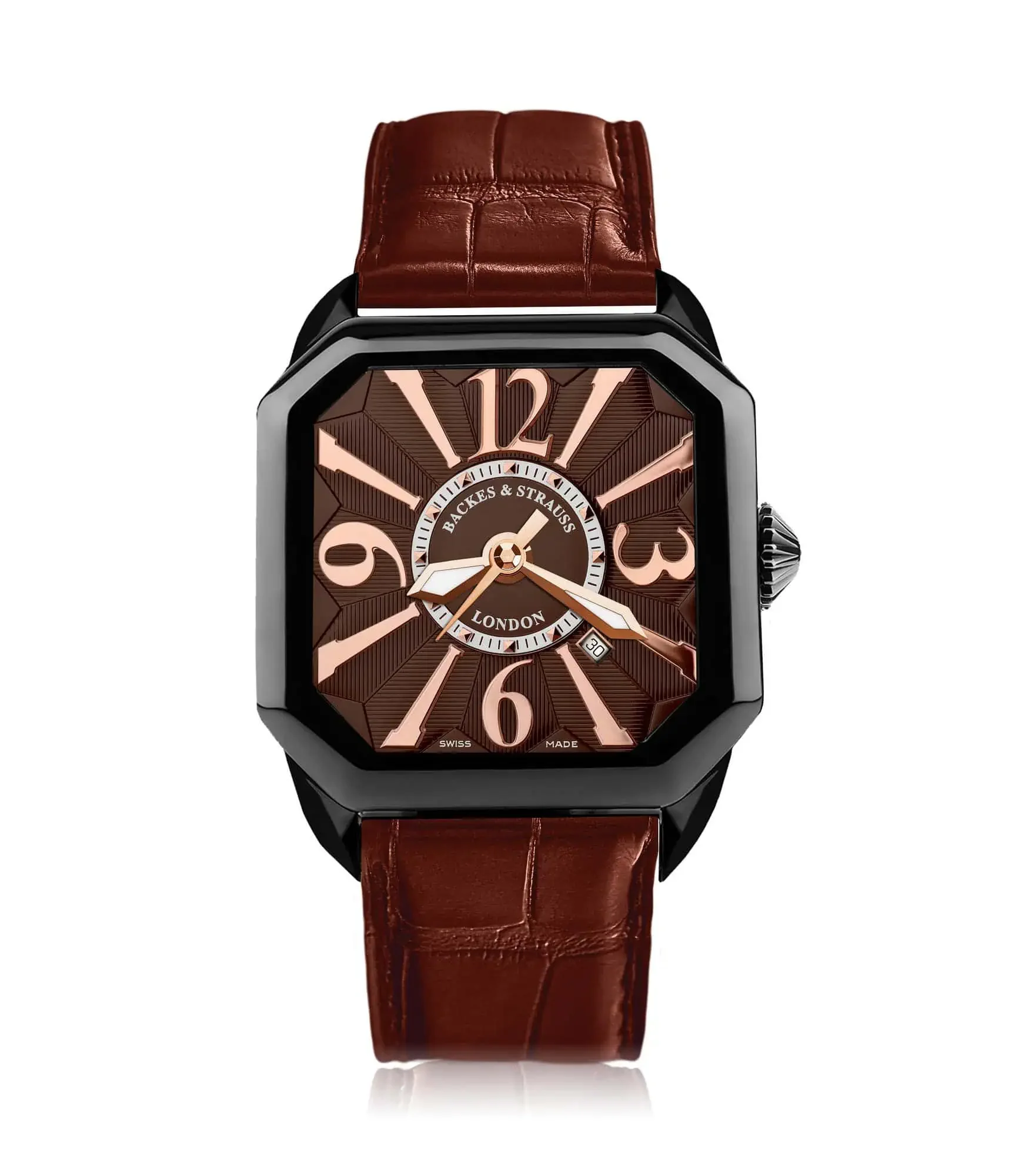 Berkeley Swiss made men’s watch with square black PVD steel case and diamond-set crown.webp