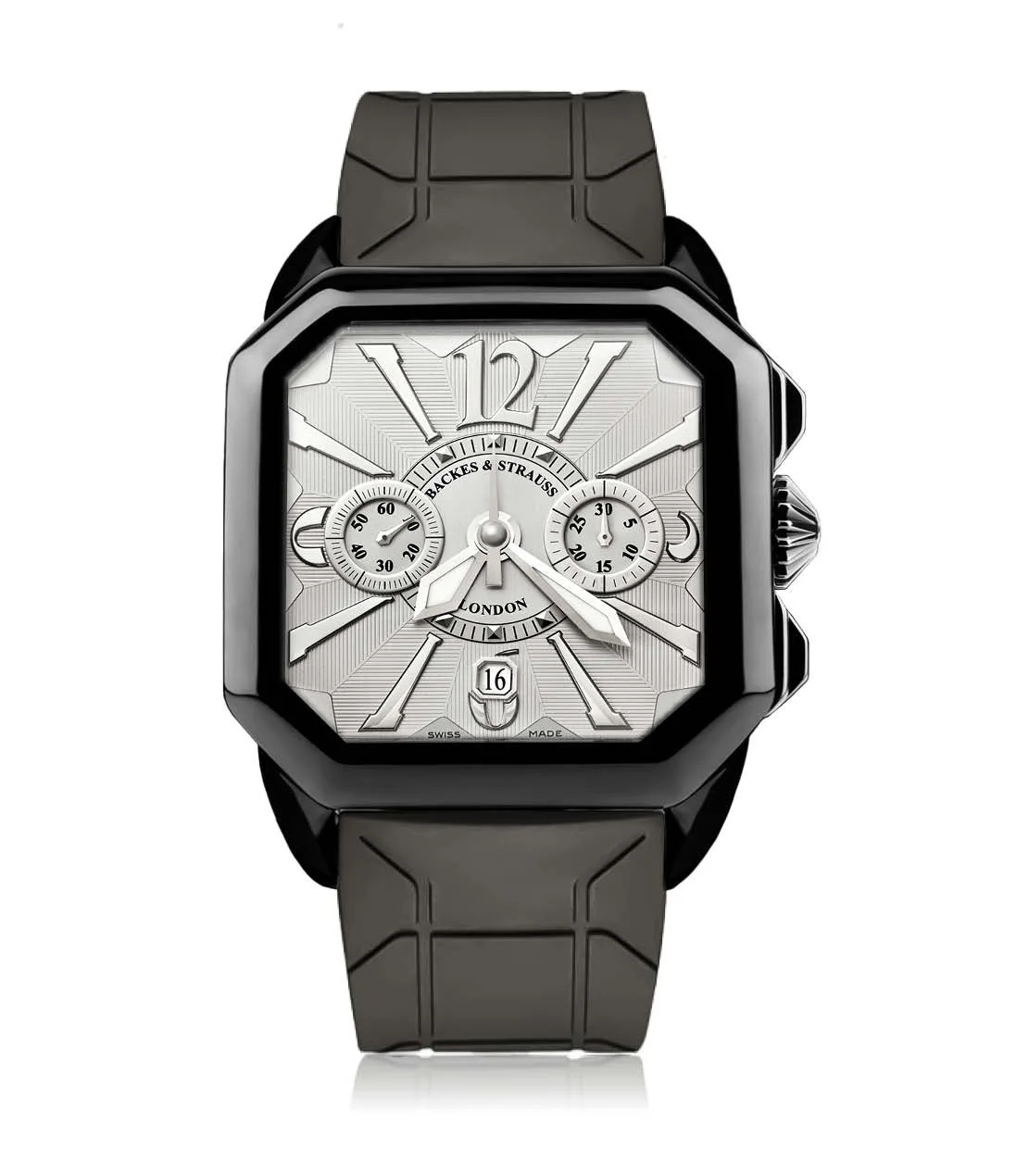 Berkeley 43mm chronograph watch for men with black PVD steel case, white dial, and black rubber strap.jpg