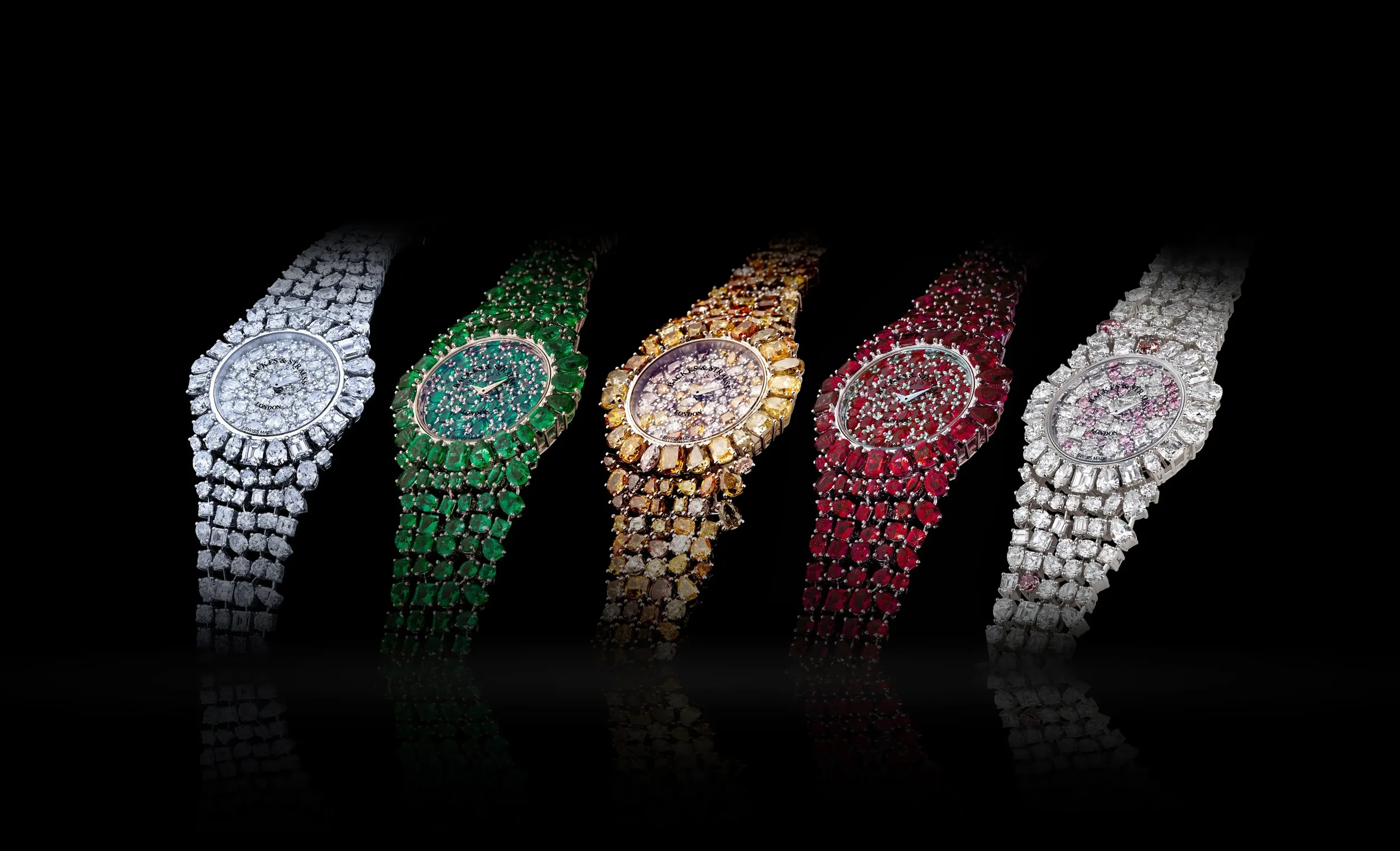 Princess Royal Collection ladies’ gemstone watches with yellow diamonds, rubies and emeralds