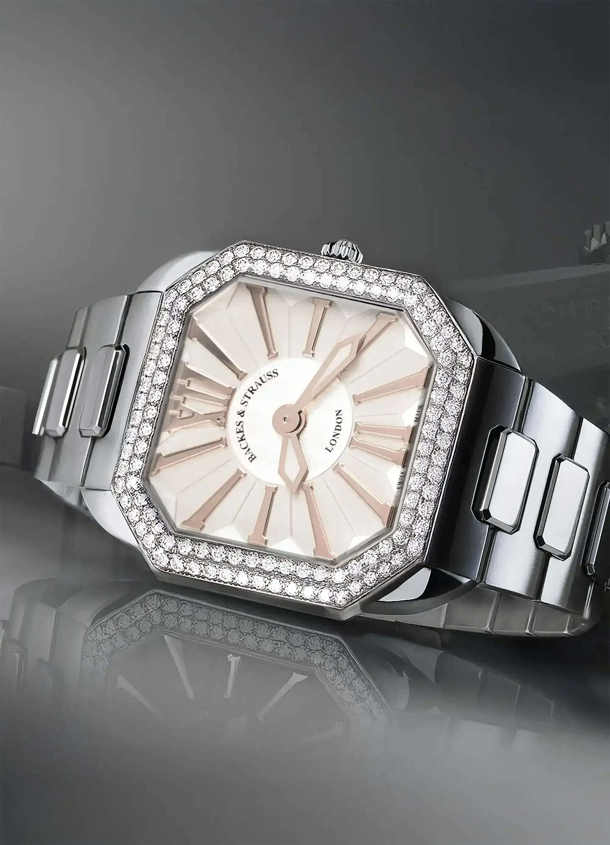 W1 AM stainless steel watch for men with the square 40 mm case white dial and rose roman Roman numerals the case set with ideal cut diamonds.webp