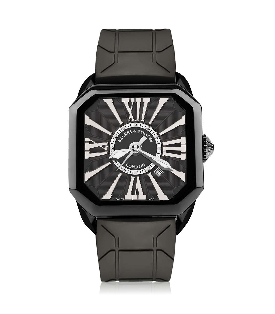 Elegant Berkeley men’s watch with black dial, polished Roman numerals, and black rubber strap.jpg
