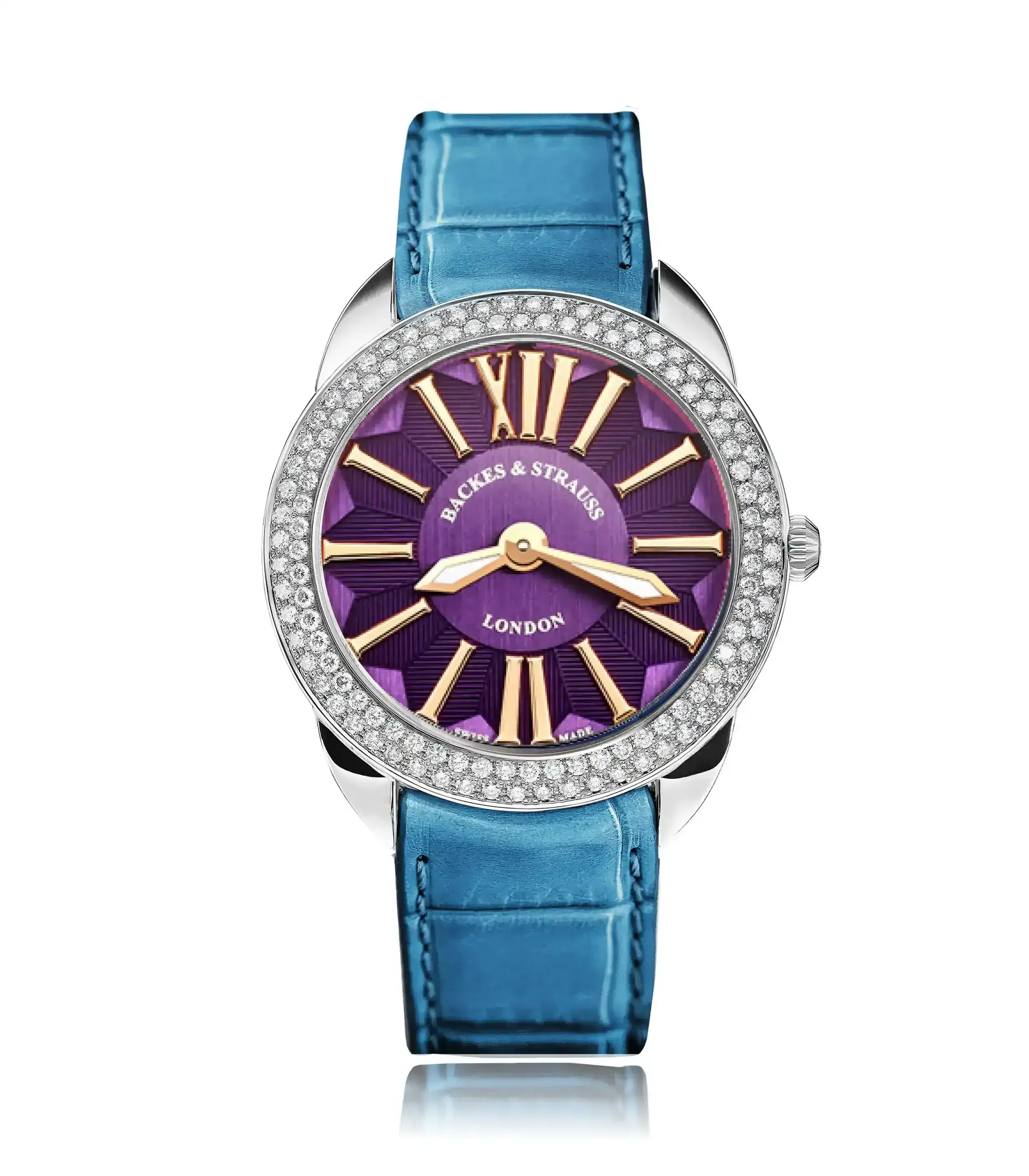 High-end Swiss mechanical watch with diamond-set bezel and purple dial.webp