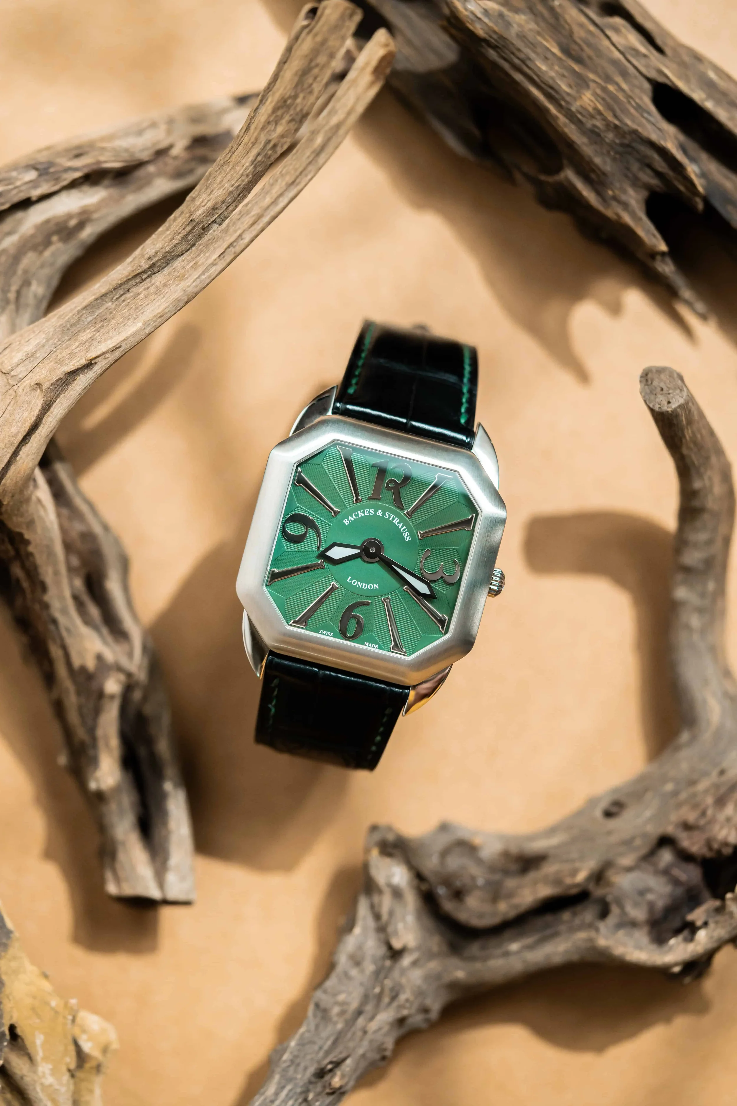 Slim square watch with the green dial, steel bracelet and 40mm case, mechanical movement