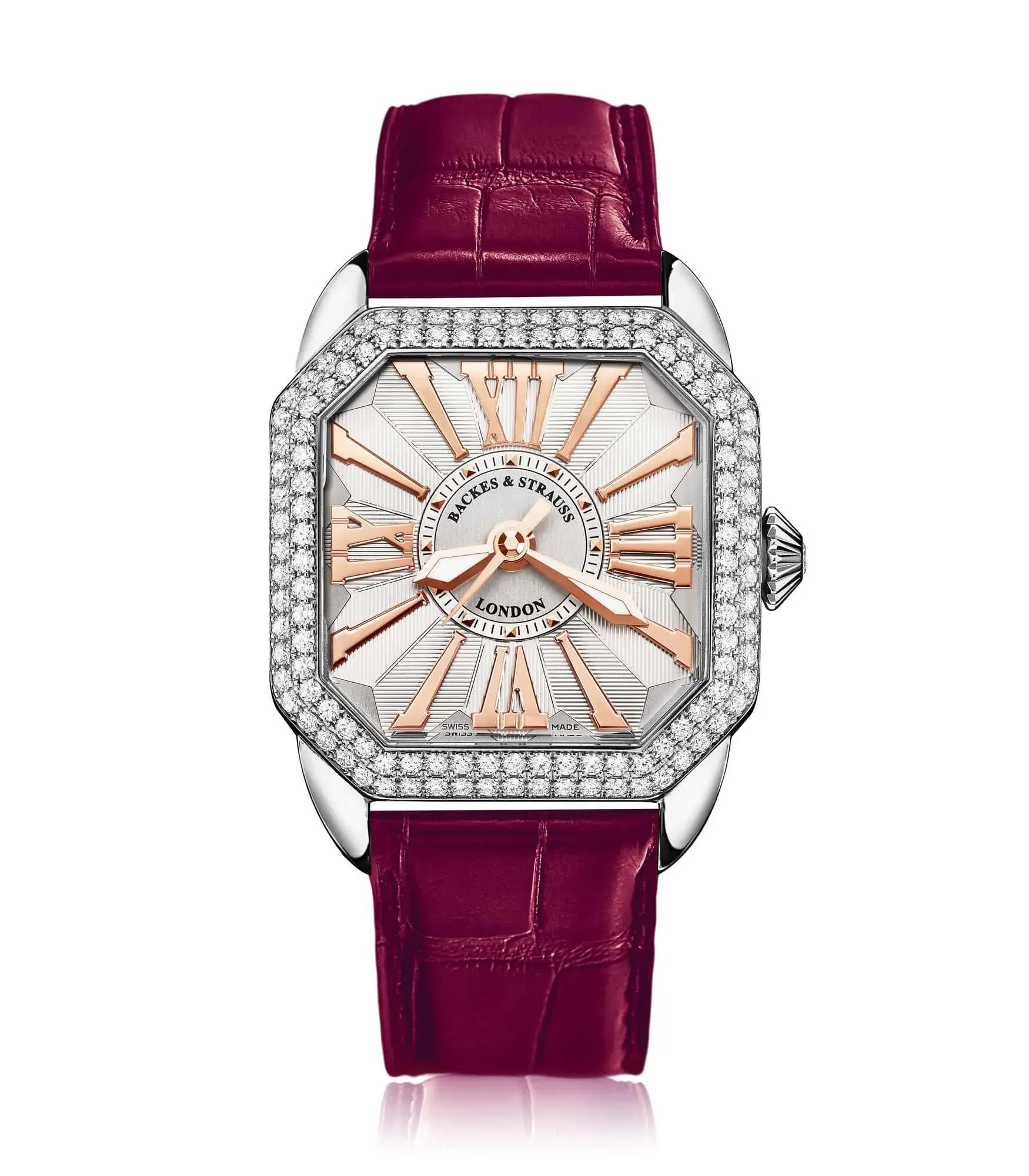 Berkeley 37mm diamond dress watch for women with square case, white dial, and rose Roman numerals.webp
