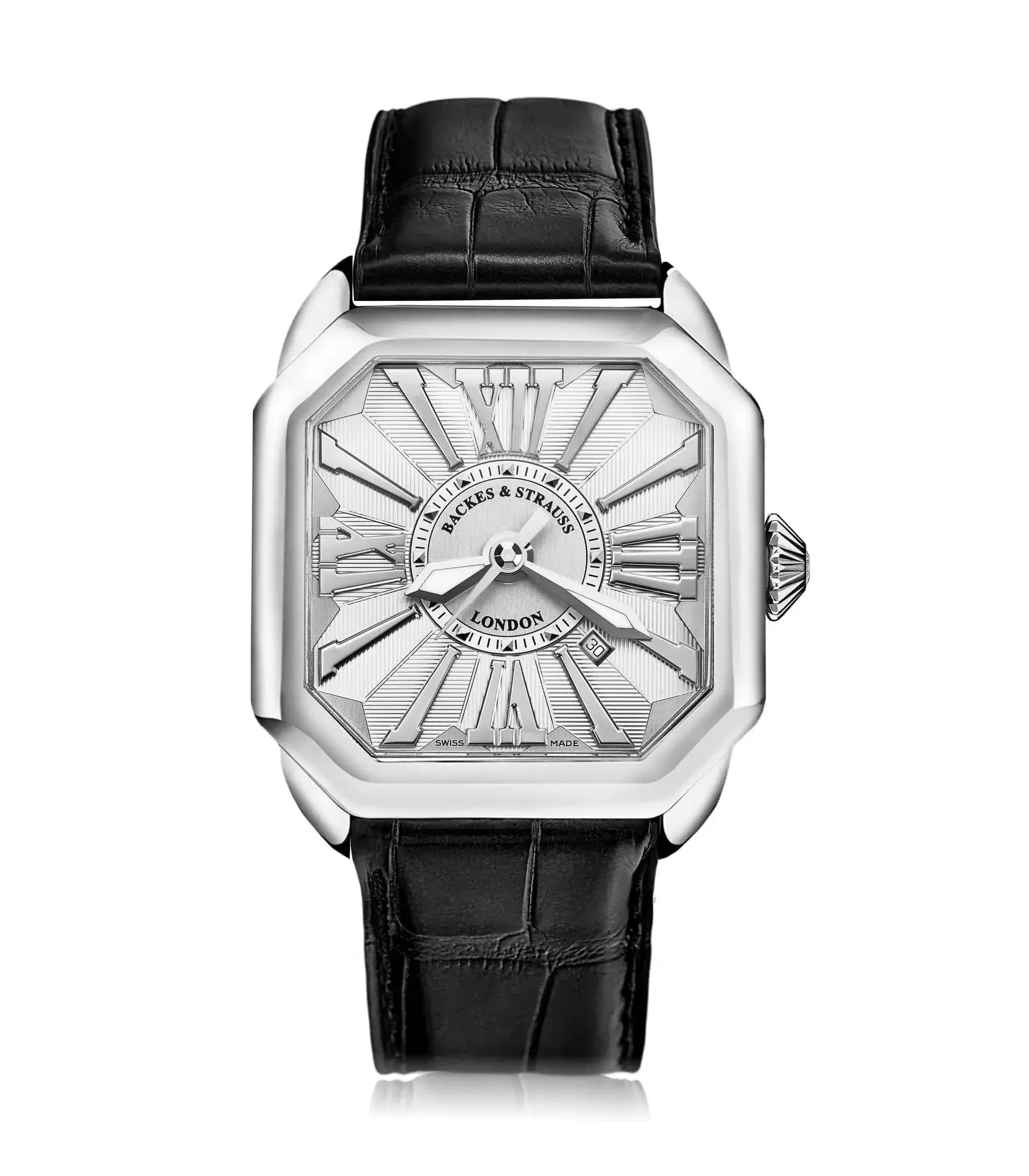 Berkeley 40mm diamond dress watch for men with square stainless steel case and white dial.webp