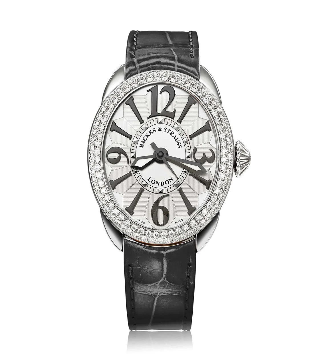 Regent 3238 luxury women’s watch with oval steel case, and black hand polished numerals.jpg
