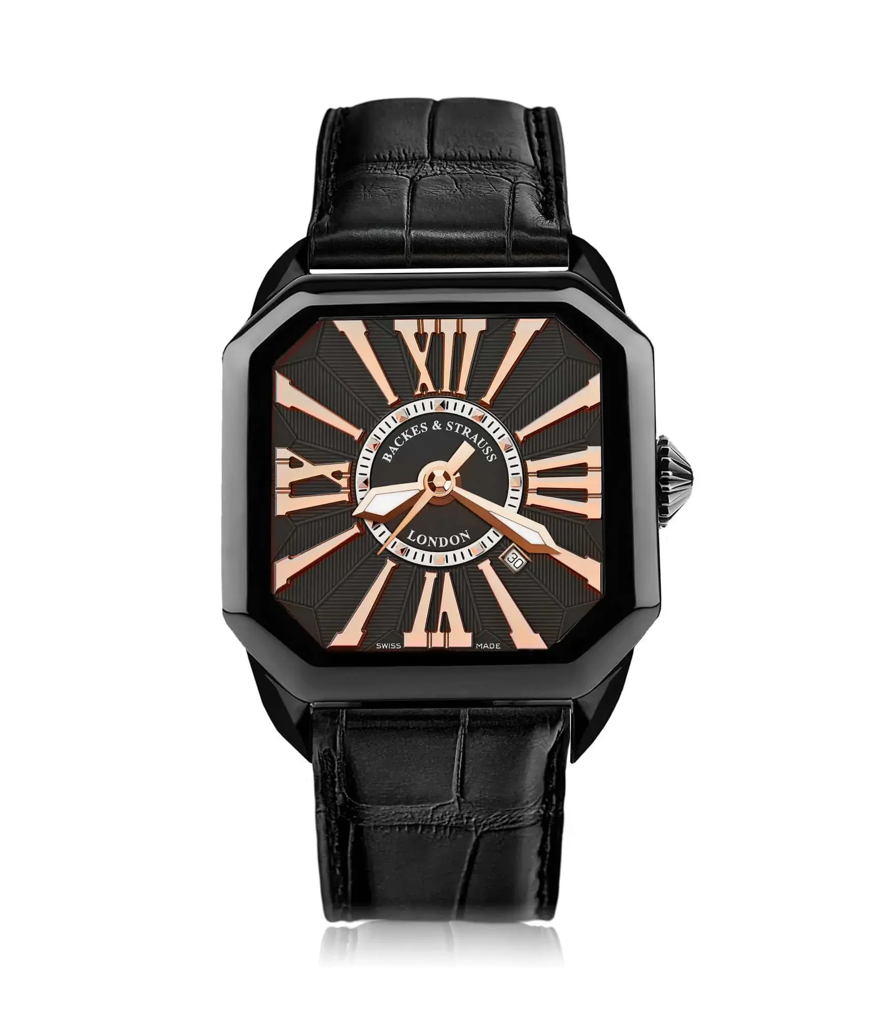 Berkeley square case men’s watch with black PVD steel and polished Roman numerals for a refined look.webp
