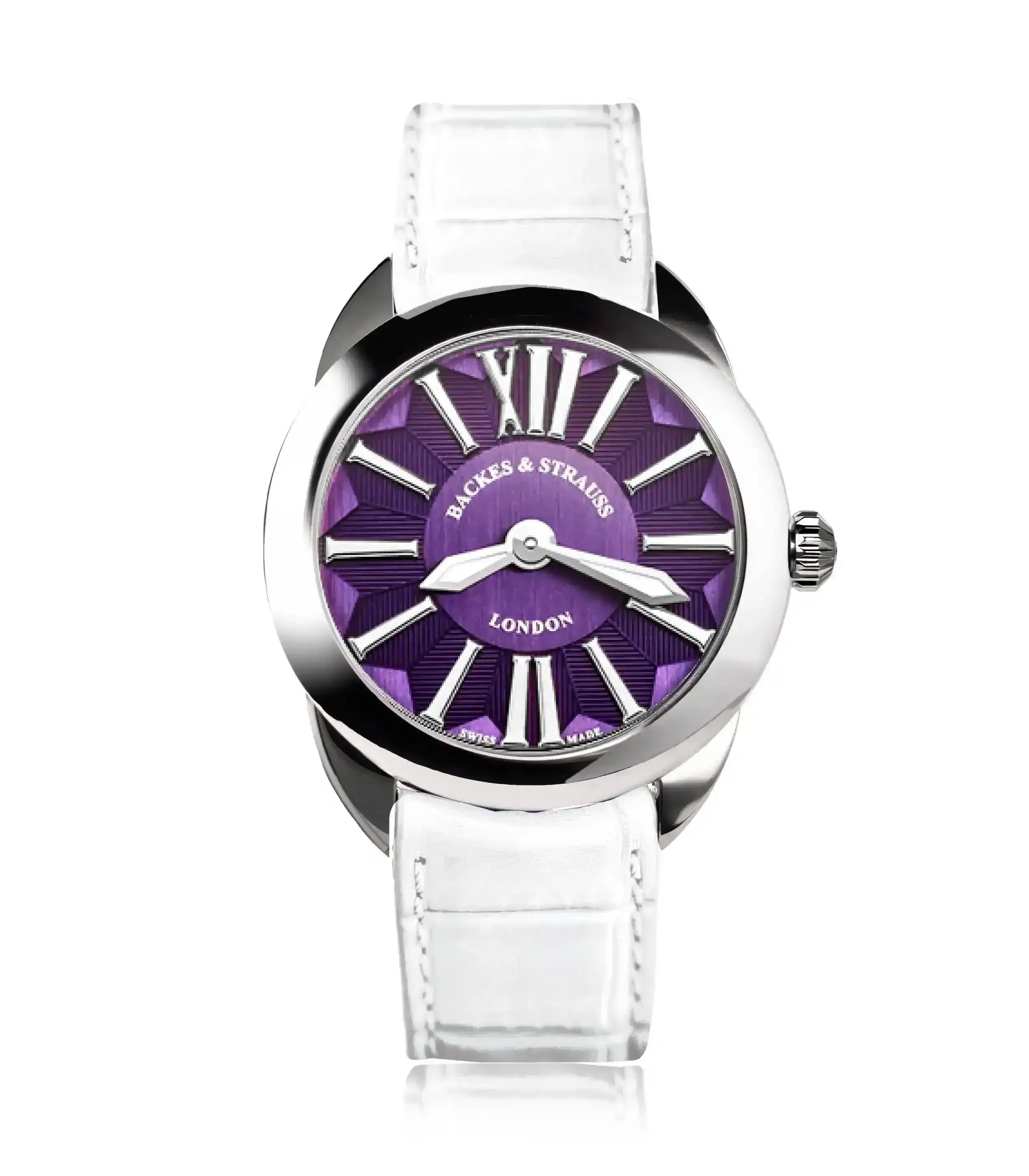 Elegant luxury wristwatch with Swiss movement and white leather strap.webp