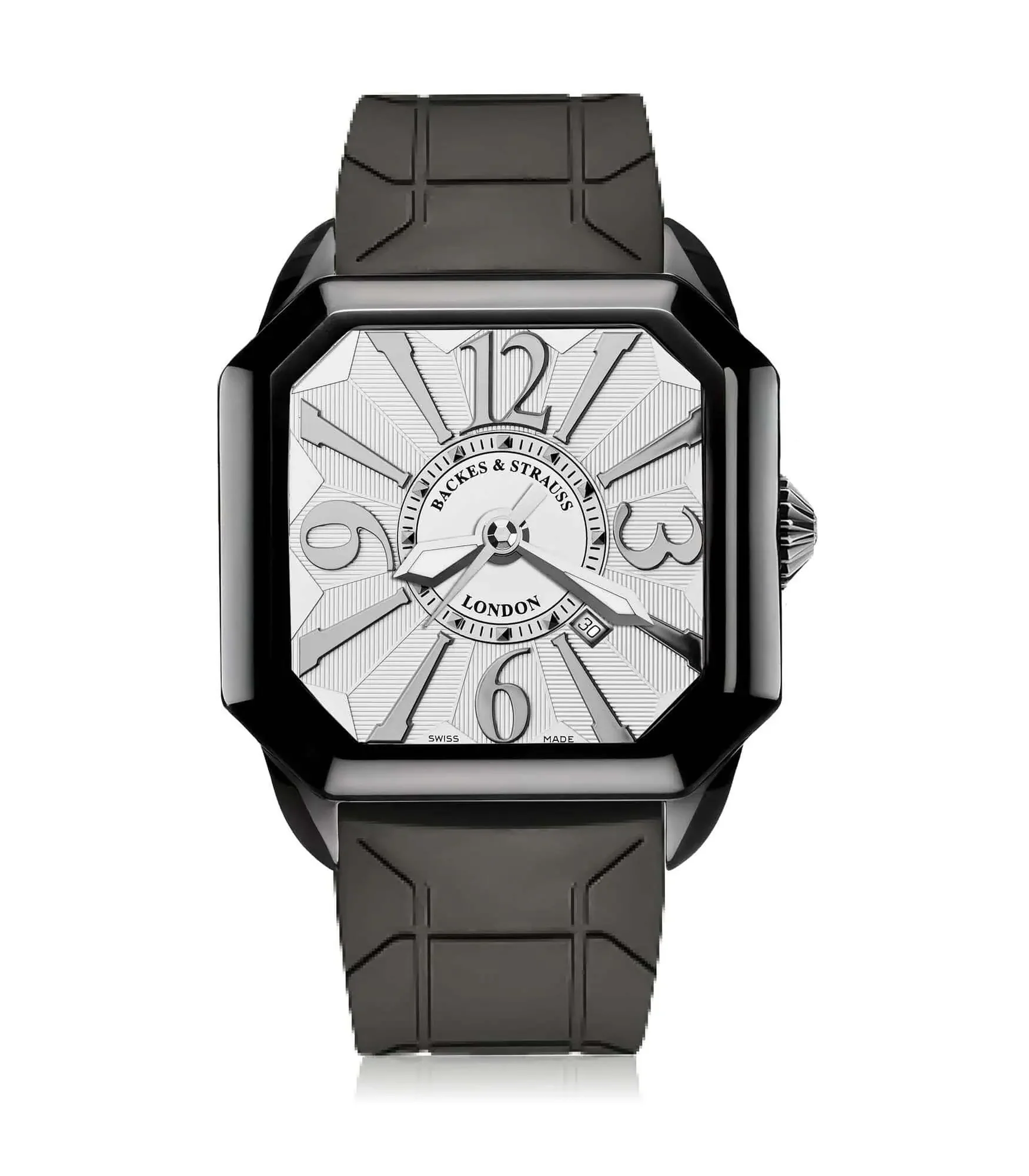 Berkeley Swiss made automatic watch with square black PVD case and white Arabic numerals.webp