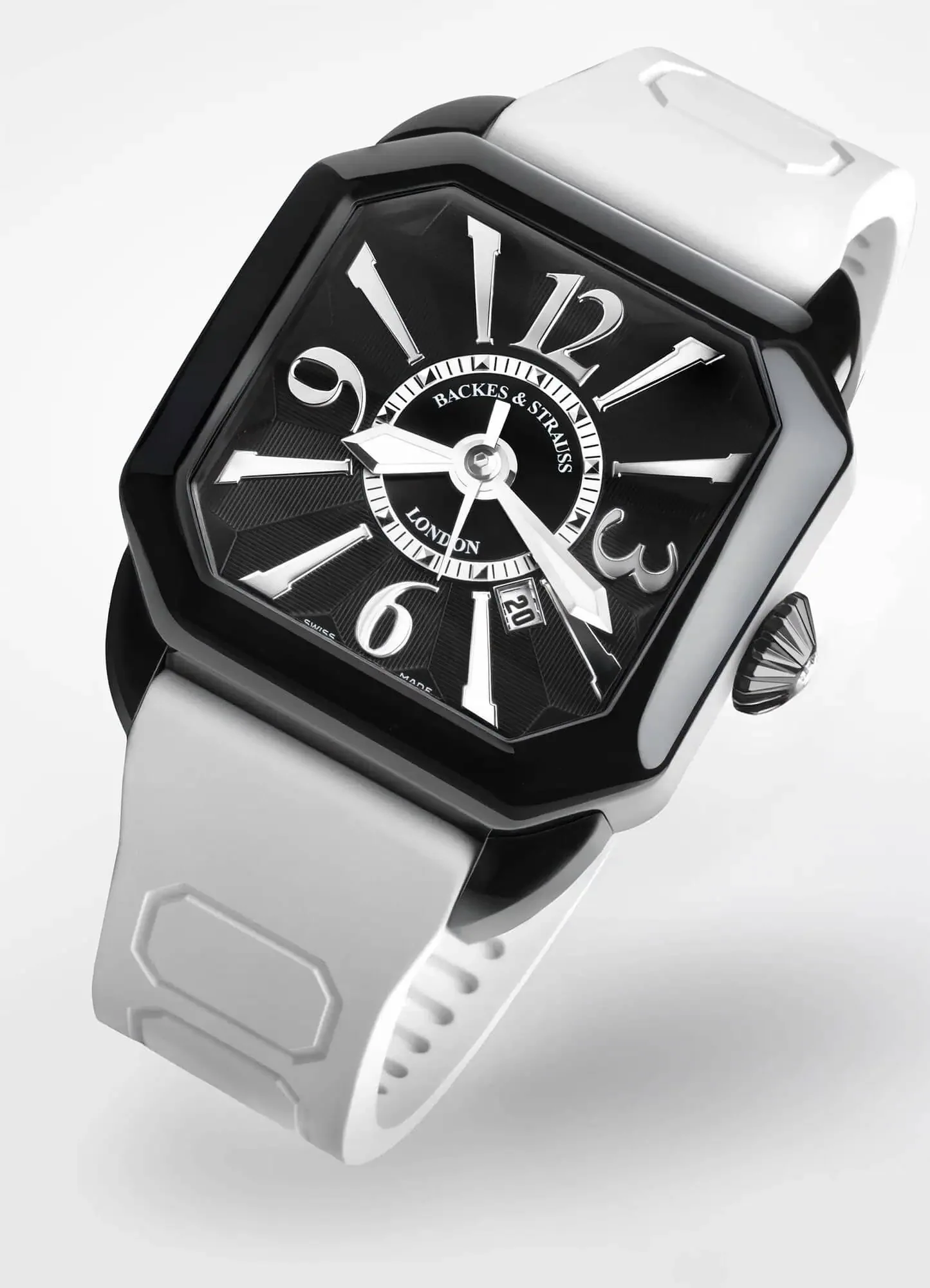 Men’s wristwatch sideshot with black dial and white rubber strap.webp