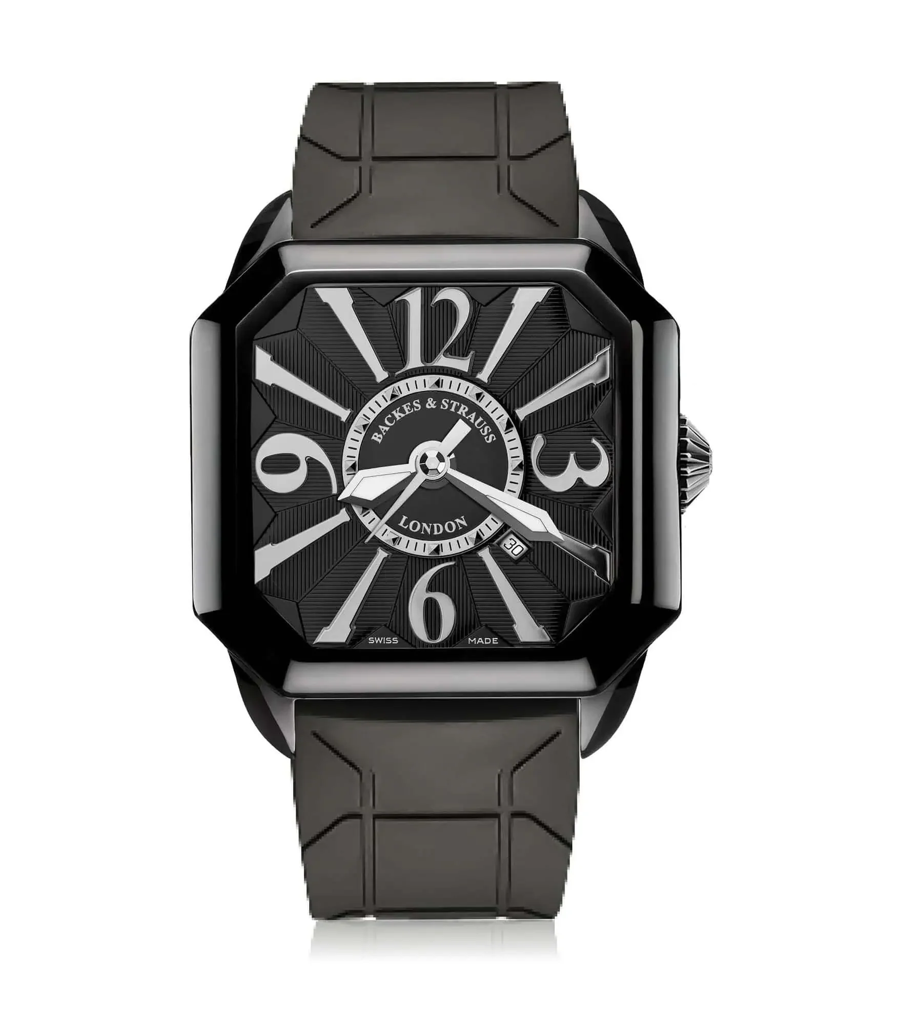 Berkeley everyday luxury watch for men with black PVD case and classy black rubber strap.webp