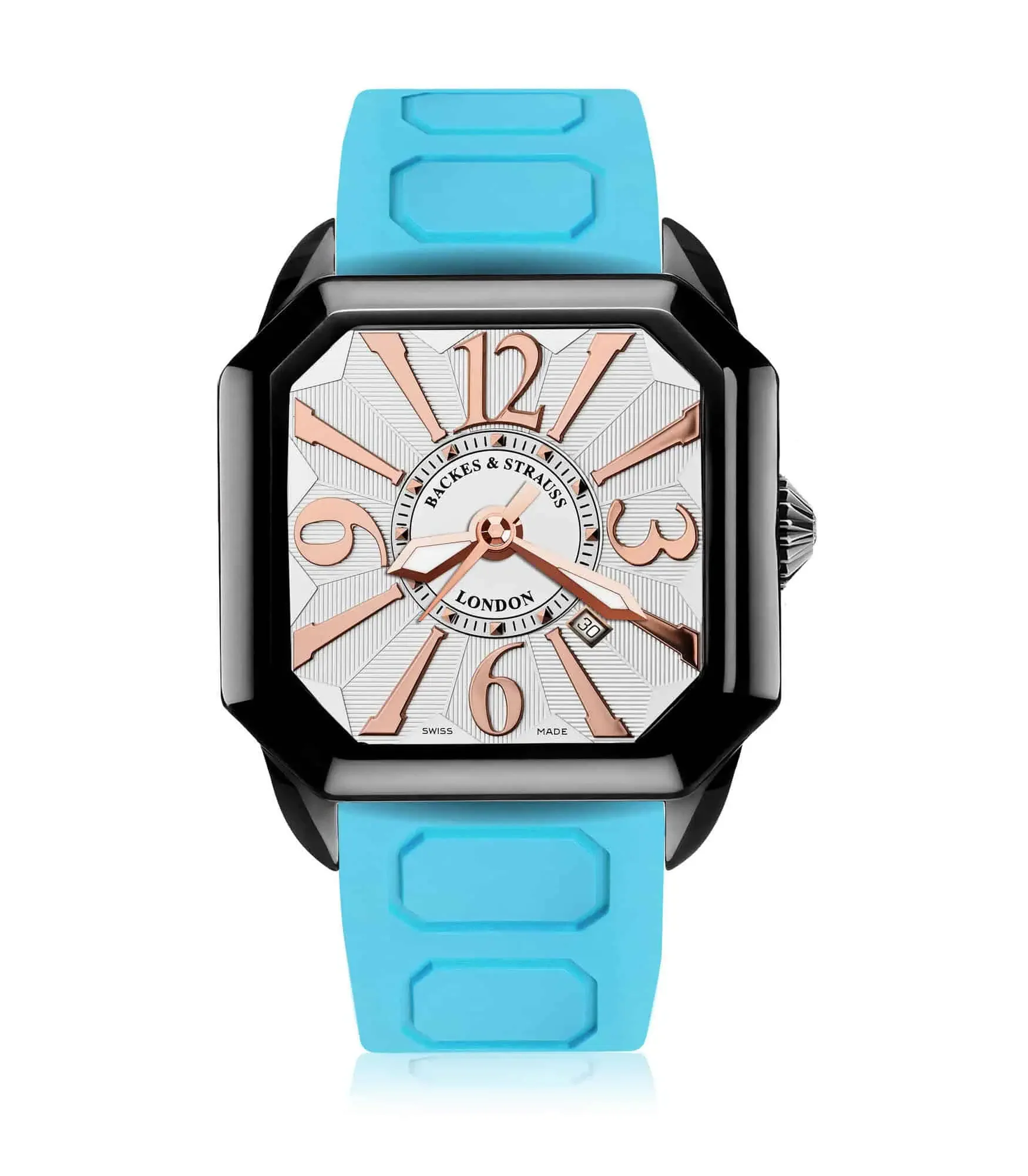 Elegant Berkeley men’s watch with white dial, polished Arabic numerals, and sporty blue strap.webp