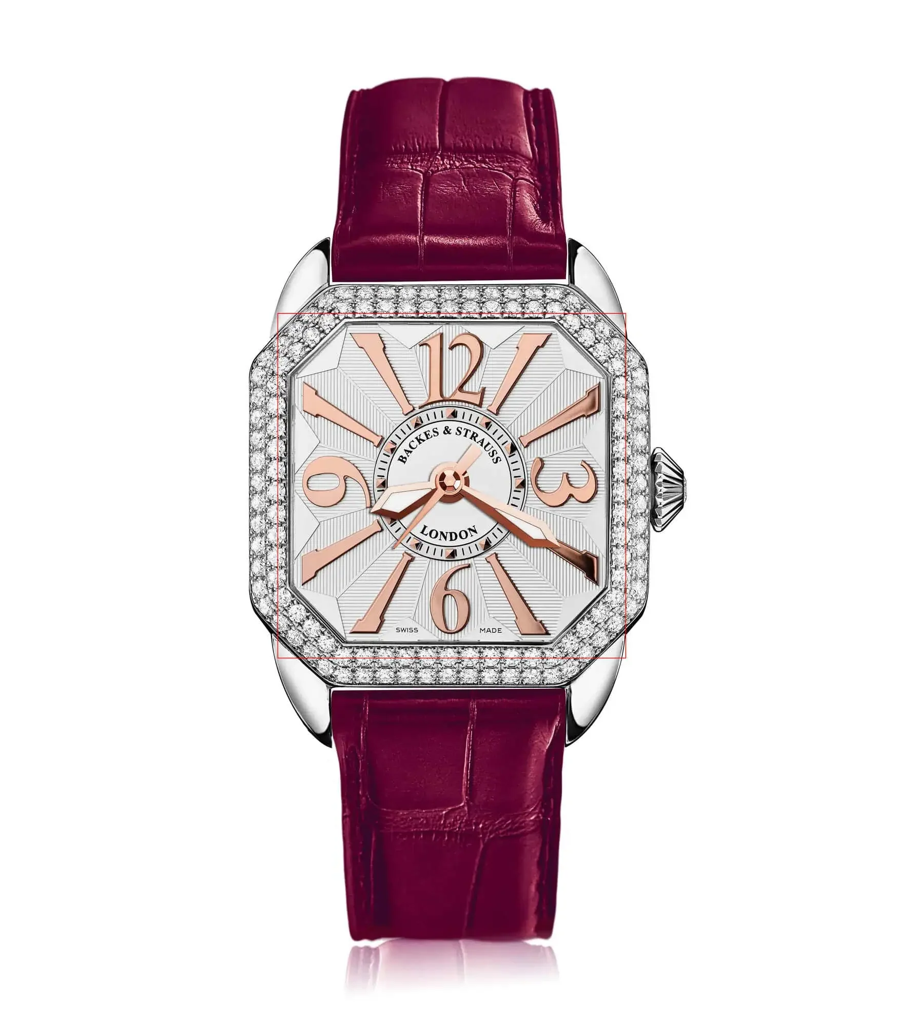 Sophisticated Berkeley diamond dress watch with square case, diamond bezel, and classic white dial.webp