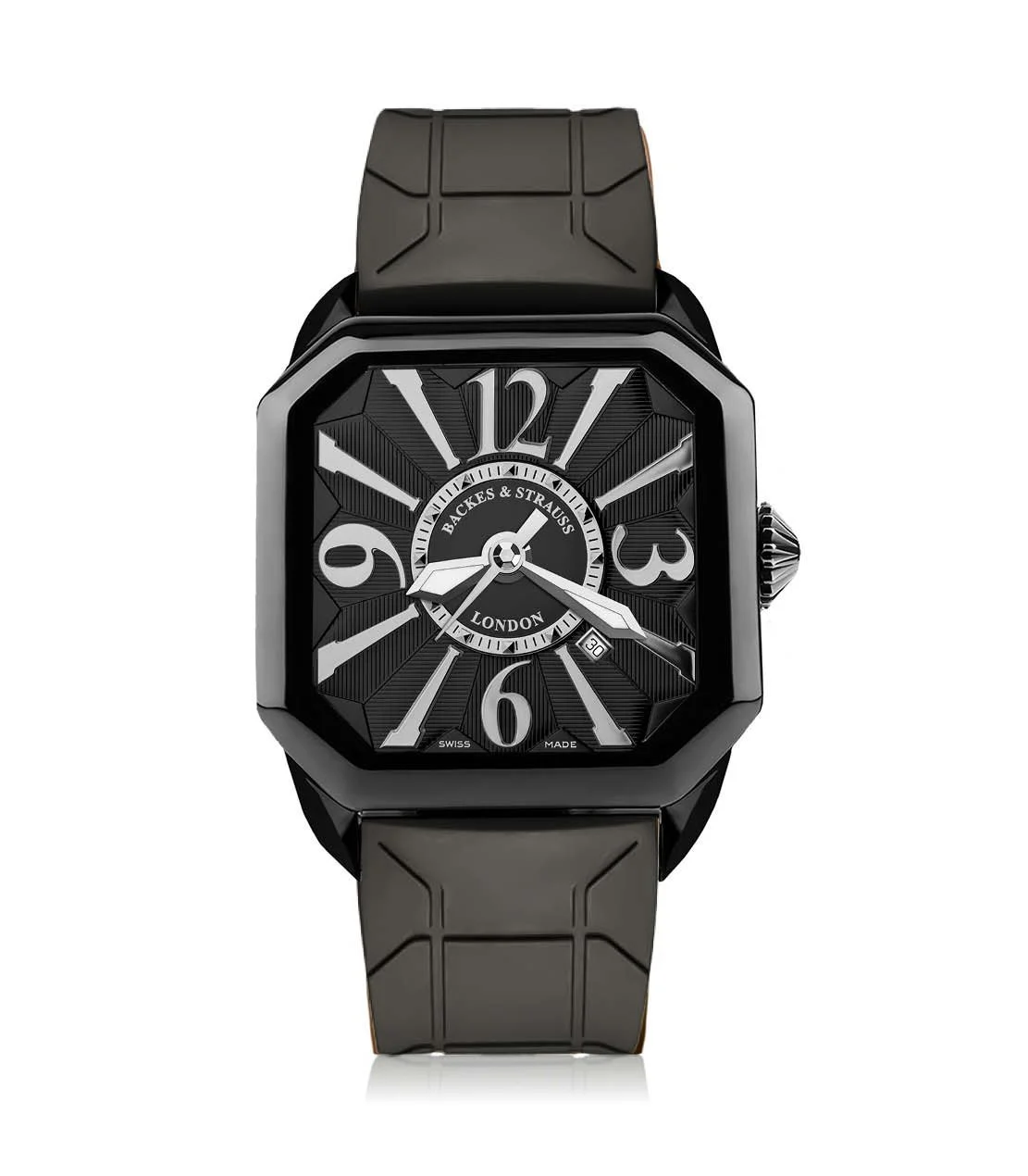 Berkeley 40mm diamond dress watch for men with black PVD steel case, black dial, and rubber strap.jpg