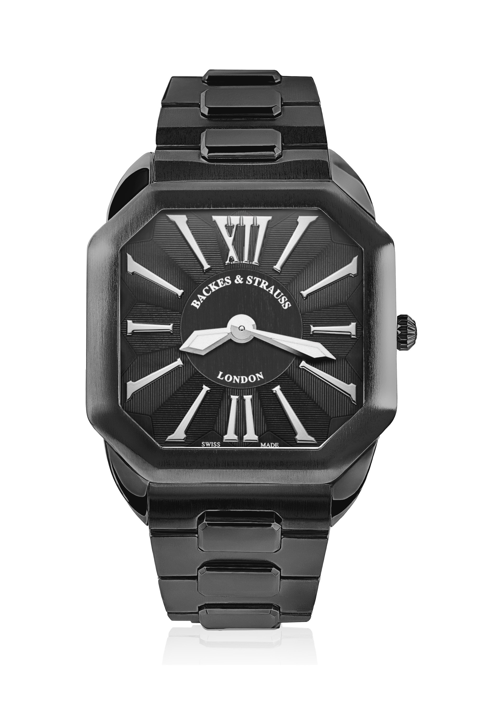Luxury black wristwatch with Roman numerals and metallic band, featuring "Backes & Strauss London" on the dial.