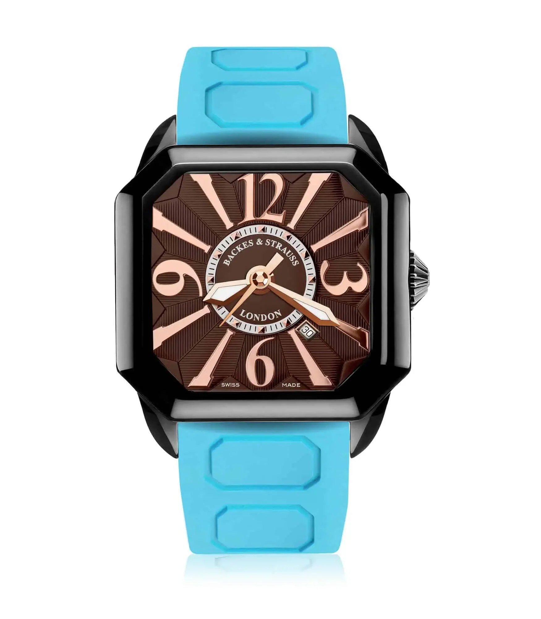 Berkeley 43mm automatic watch for men with black PVD case, brown dial, and cyan blue rubber strap.webp