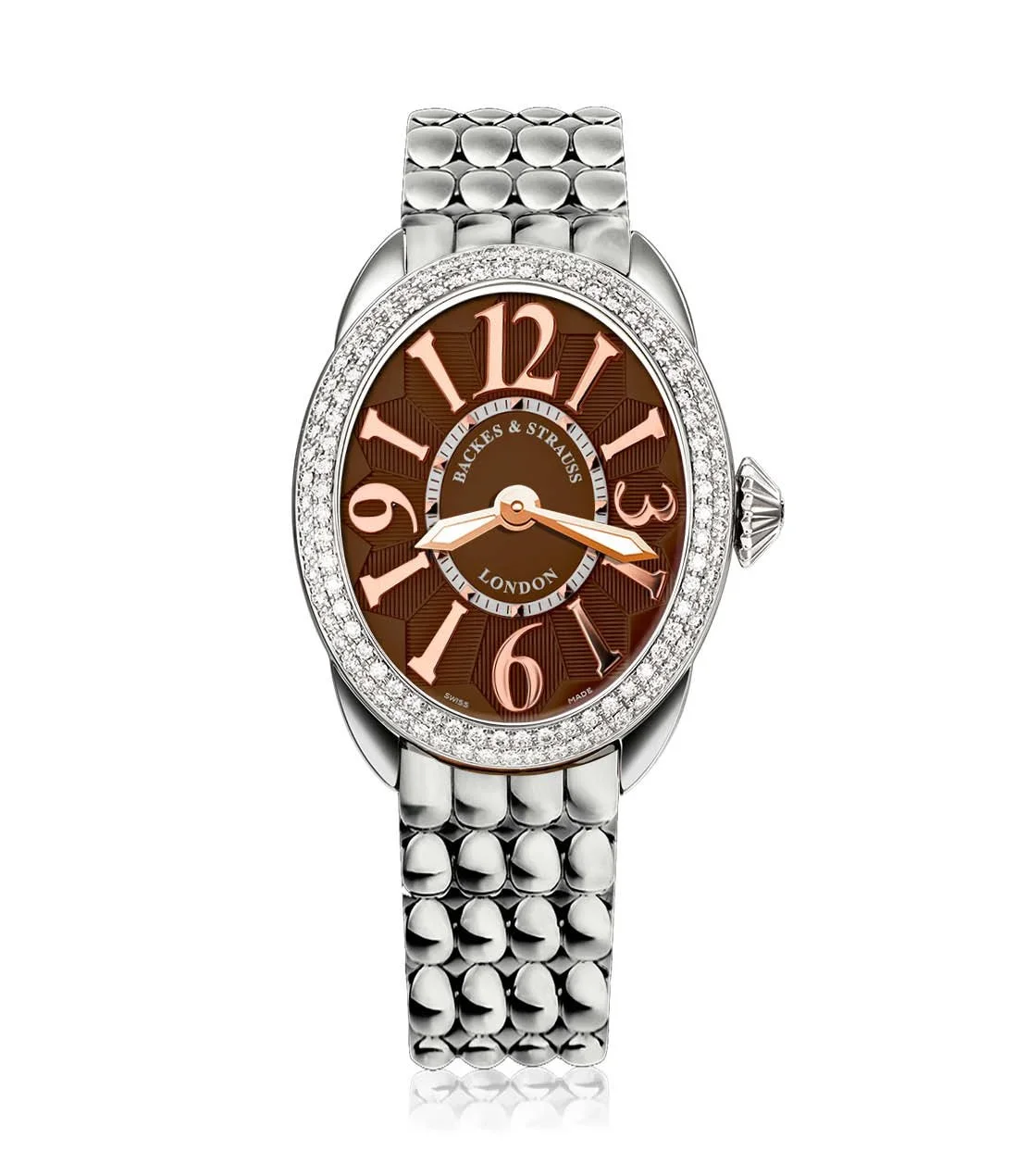 Elegant Regent 2833 ladies watch with brown dial, hand-polished numerals, and diamond crown.webp