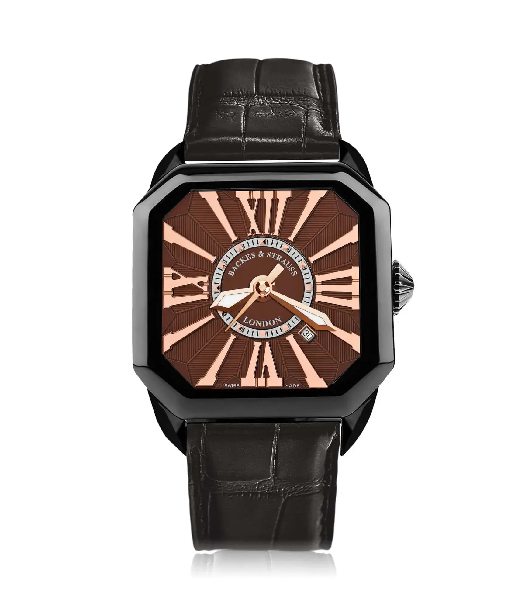 Luxury men’s wristwatch by Berkeley with black PVD case, rose Roman numerals, and leather strap.webp